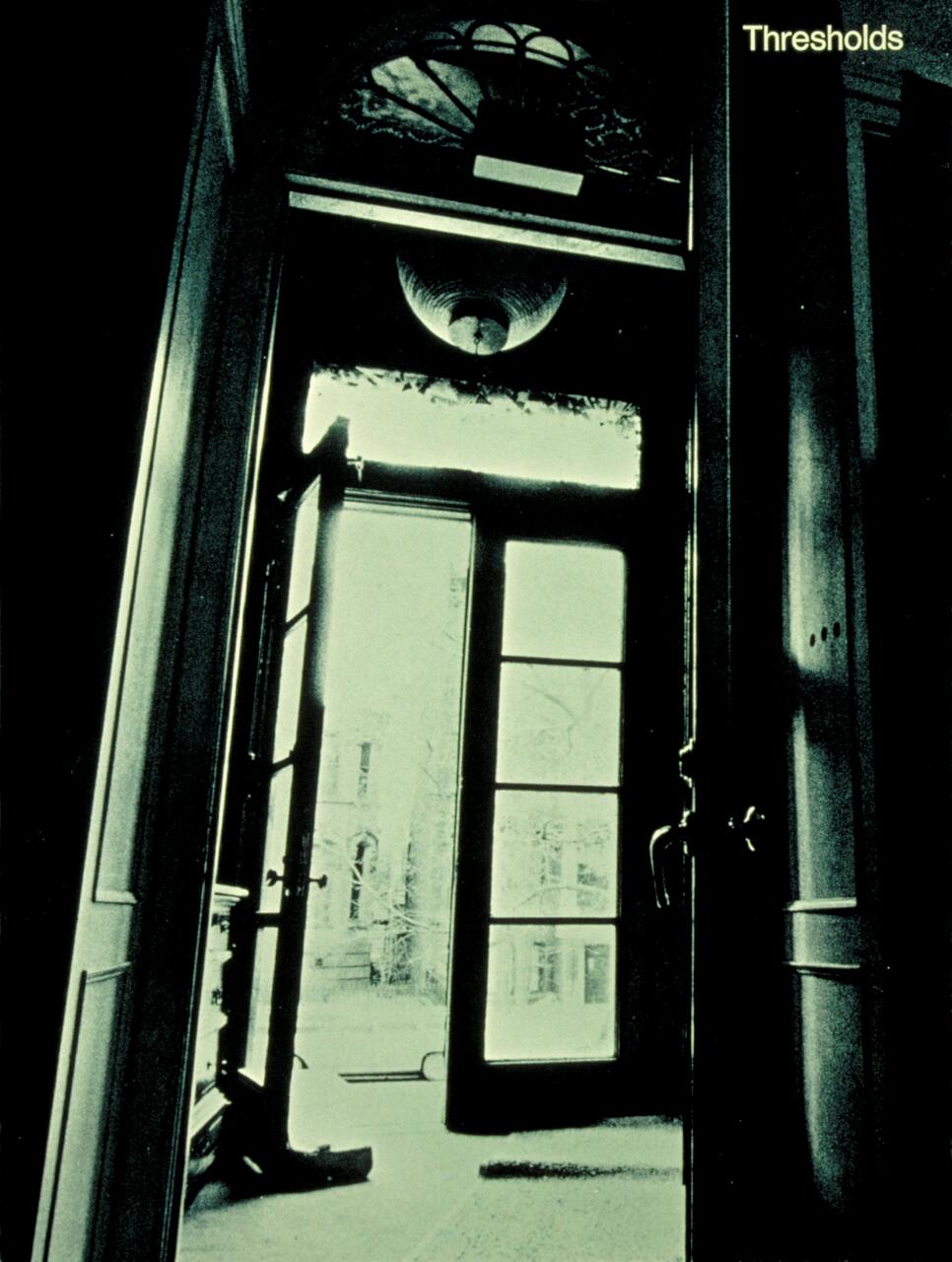 Open door with glass panels leads to a bright outdoor scene. High contrast and shadows create a dramatic effect. Arched window above and vintage detailing on door frame.