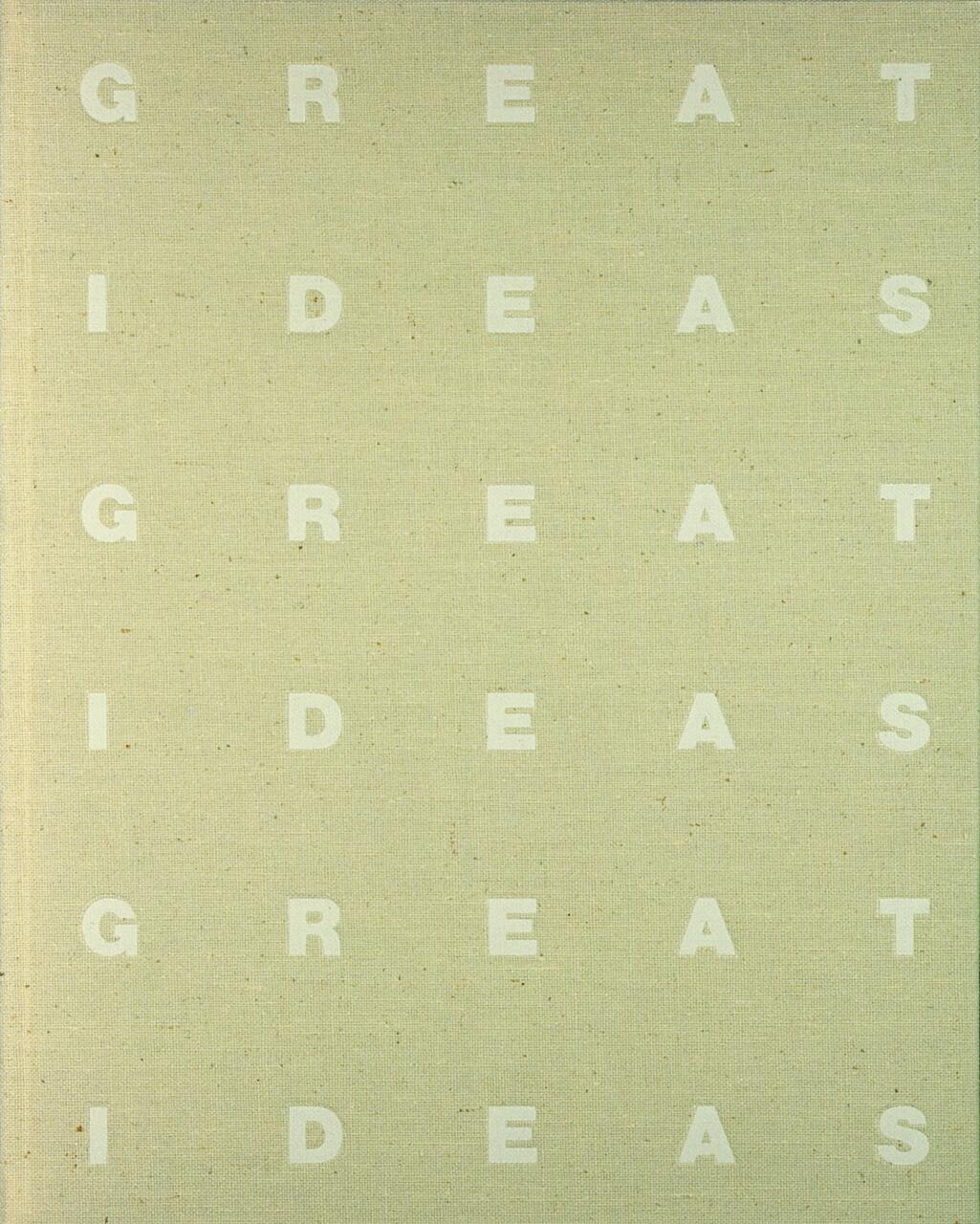 Text on a beige background repeats the words "GREAT IDEAS" in a grid layout.