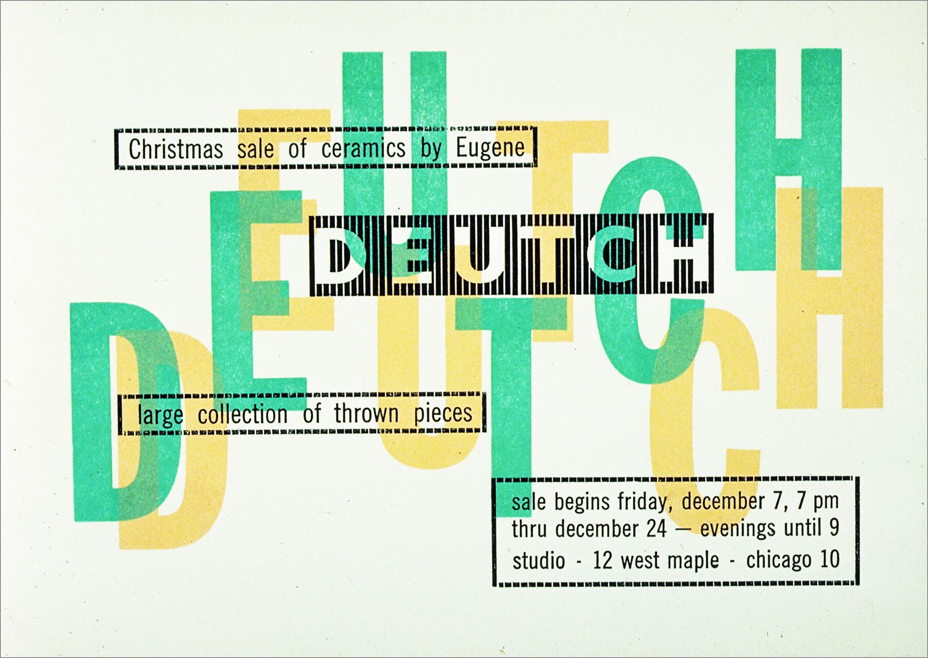 Christmas sale flyer for ceramics by Eugene Deutch with overlapping blue and yellow text. Sale details are in dotted border boxes.