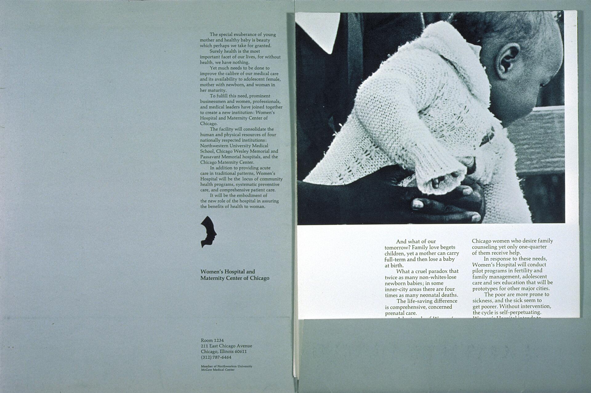 Black and white pamphlet featuring a baby wearing a knitted sweater, held by an adult's hand. Text surrounds the image, detailing the Women's Hospital and Maternity Center of Chicago.