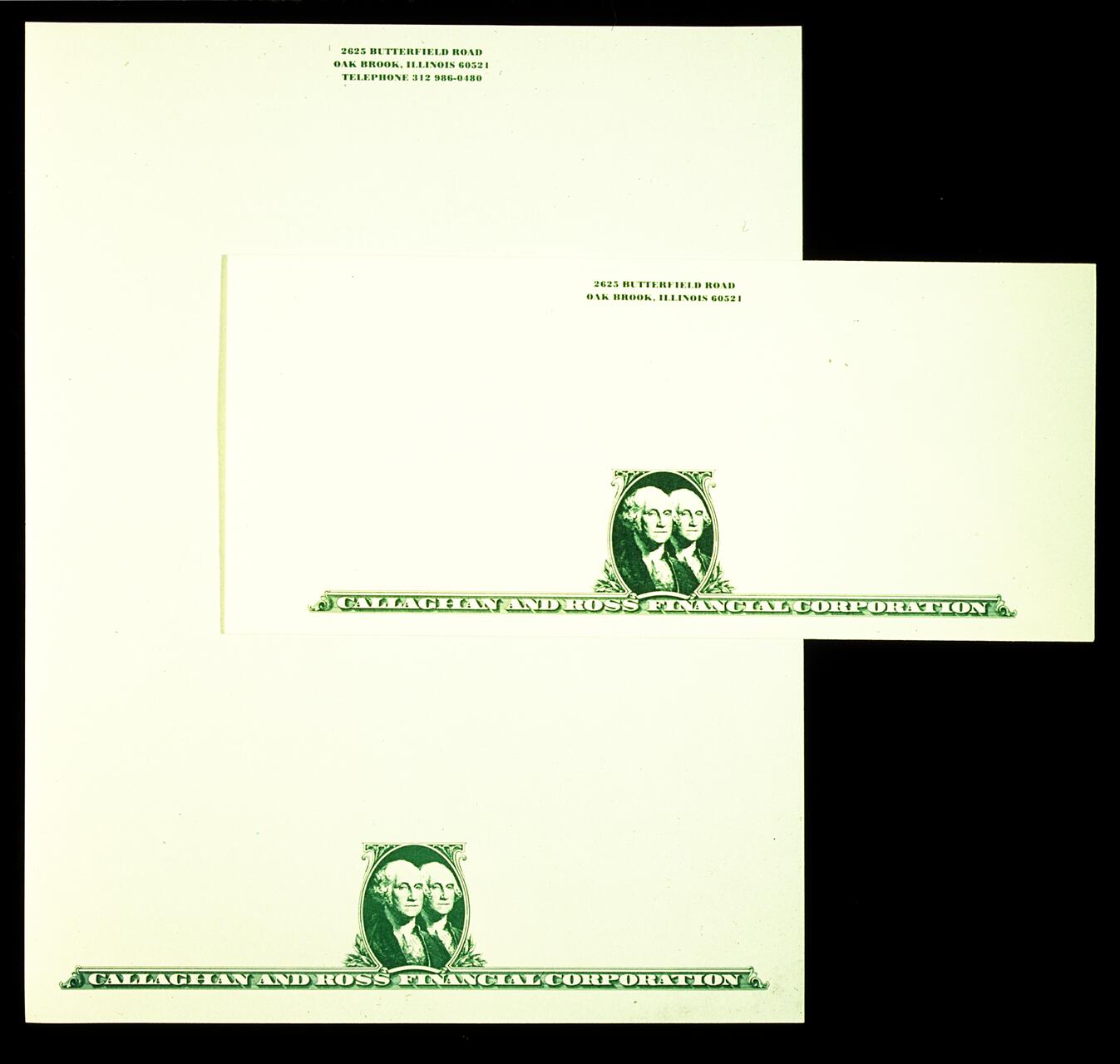Letterhead design featuring a monochrome green logo of two faces in an oval frame with ornate details, and the text "Callaghan and Ross Financial Corporation" below. Contact information is printed in the top right corner.