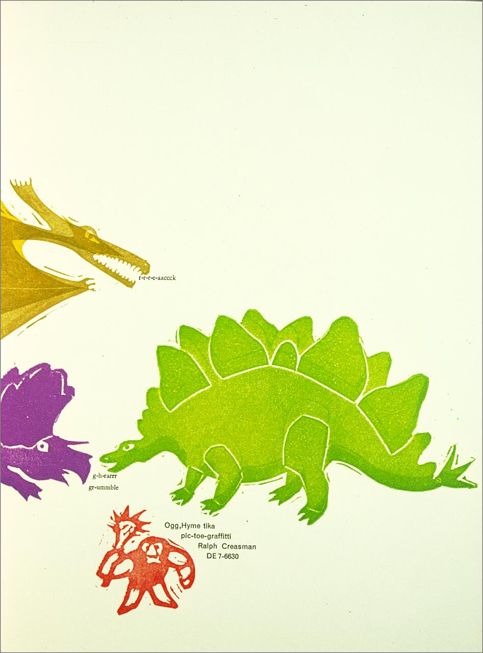 Three stylized dinosaur silhouettes: a yellow dragon-like dinosaur on the left, a green stegosaurus in the center, and a purple triceratops facing the stegosaurus. A small red creature sits below with text around it. The background is off-white.