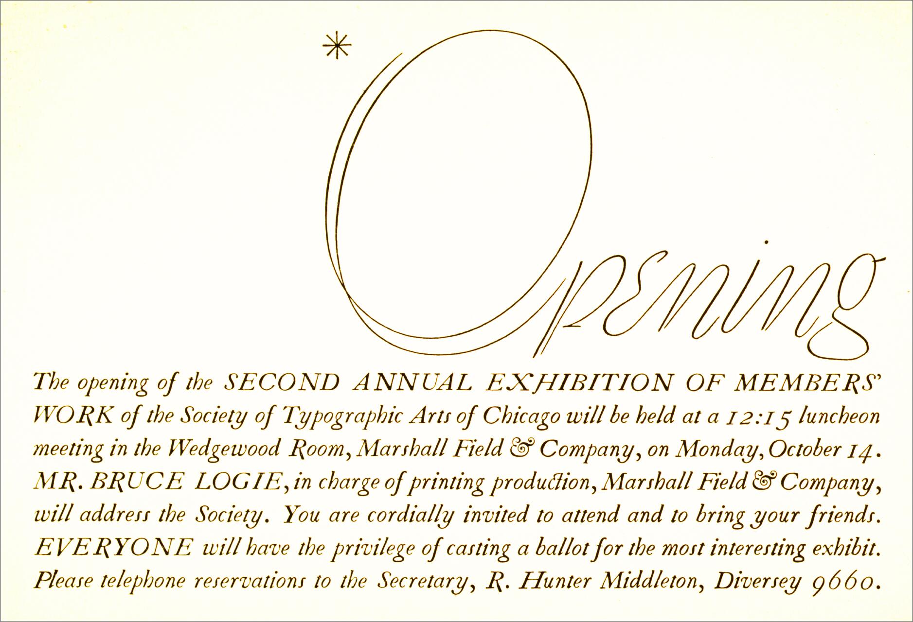 Invitation card for the Second Annual Exhibition of Members' Work of the Society of Typographic Arts of Chicago, featuring elegant script and serif fonts. Mr. Bruce Logie to address the society. Attendees can vote for the most interesting exhibit.
