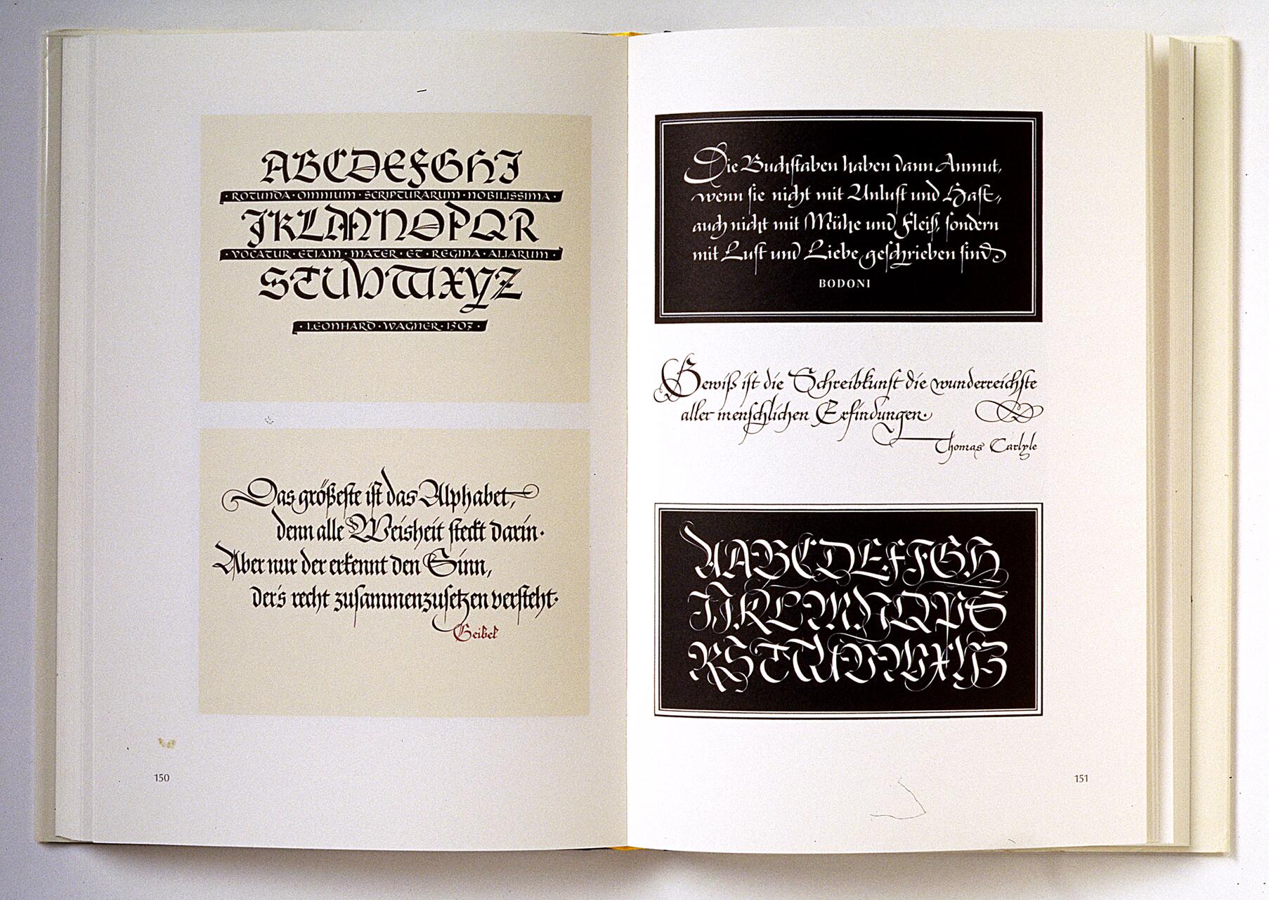 Open book displaying various ornate calligraphy samples with decorative fonts and German text, on cream and black backgrounds. Pages 150 and 151.