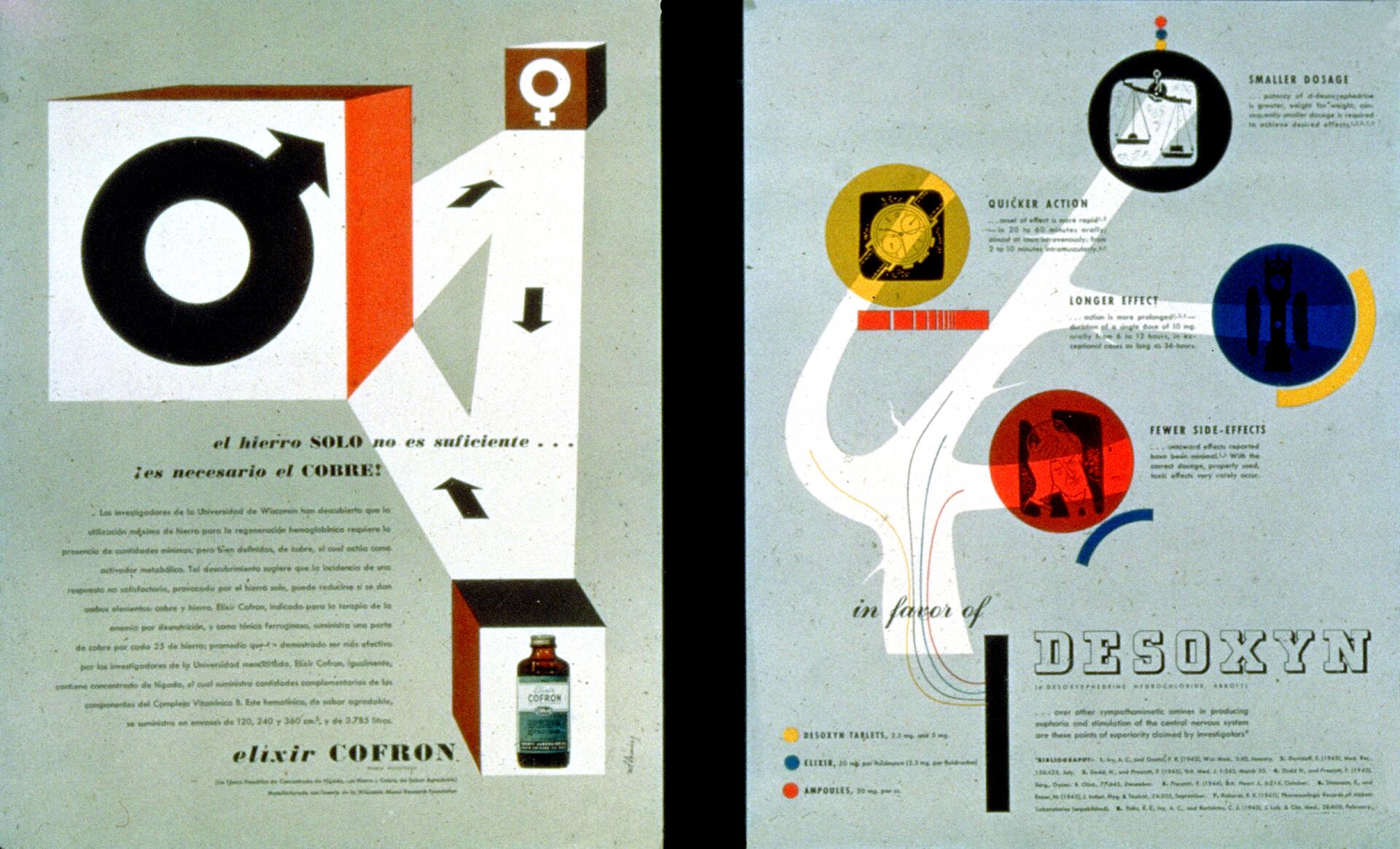 Two vintage pharmaceutical advertisements, one for Elixir Cofron featuring a masculine symbol and a bottle; the other promotes Desoxyn with various symbolized benefits like smaller dosage, quicker action, and fewer side effects.