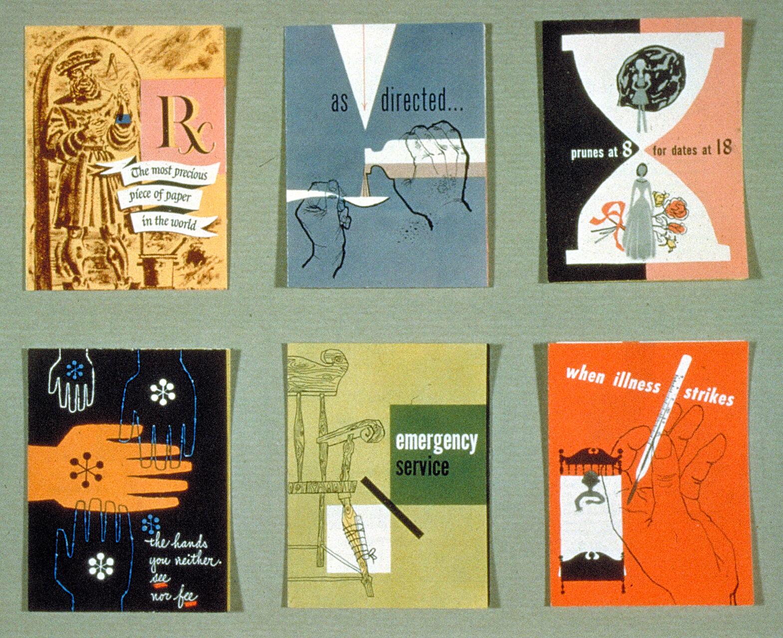 Six vintage medical-themed graphics featuring illustrations and text. Each contains stylized images like a prescription symbol, hands, an hourglass, medical equipment, and a thermometer. The color scheme includes earth tones, blue, pink, and orange.