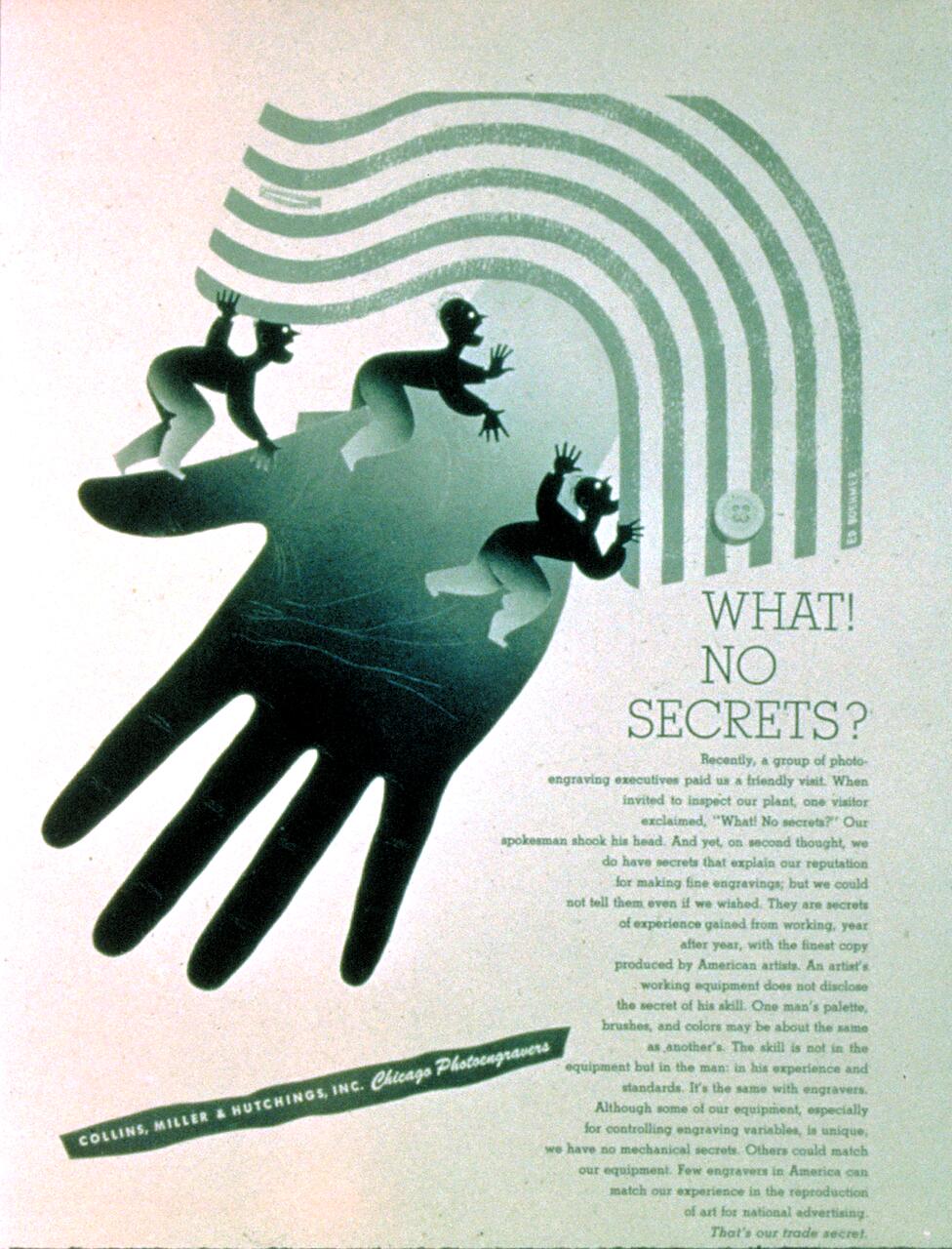 Stylized advertisement featuring a large silhouetted hand with three small human figures climbing on it. Wavy lines extend from the hand, suggesting movement or sound. Text accompanies the design, promoting engraving services.