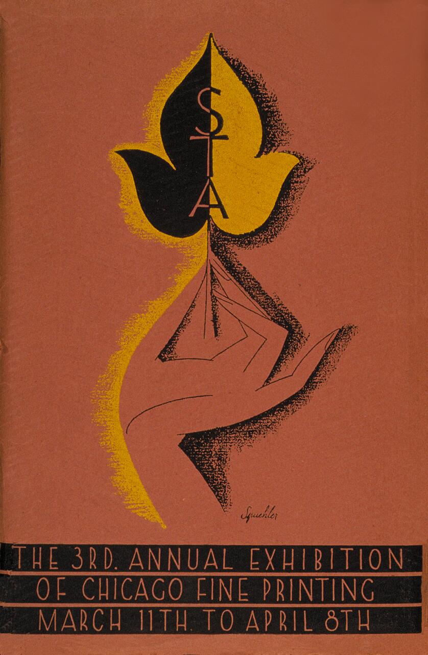 Stylized graphic design showing a hand holding a leaf with "STA" inscribed, against a terracotta background. Below, text reads "The 3rd. Annual Exhibition of Chicago Fine Printing March 11th to April 8th."