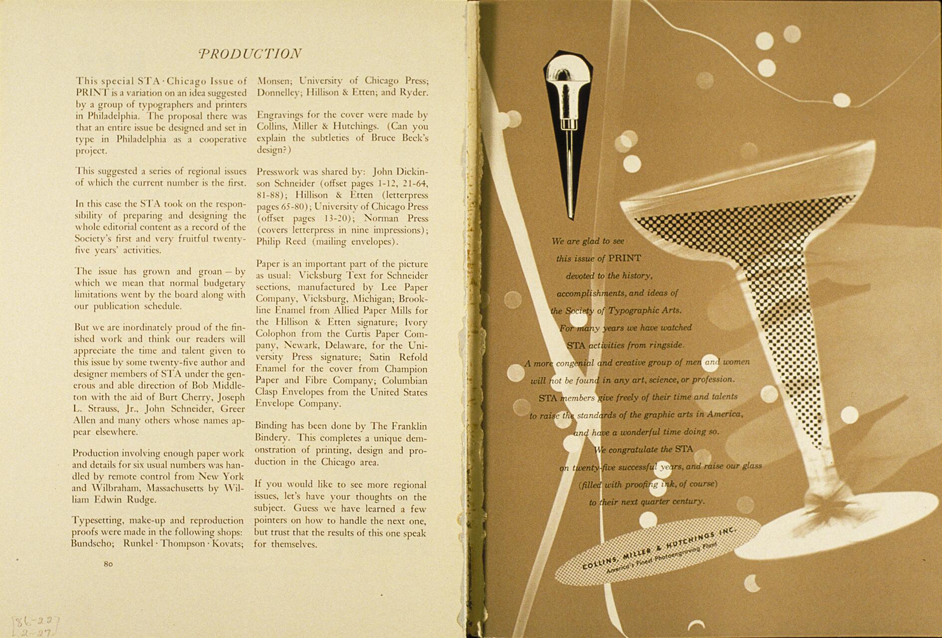 Two-page spread with text detailing production notes on the left, and an illustration on the right featuring a stylized, dotted-pattern cocktail glass and a dropper against a brown background with white abstract shapes.