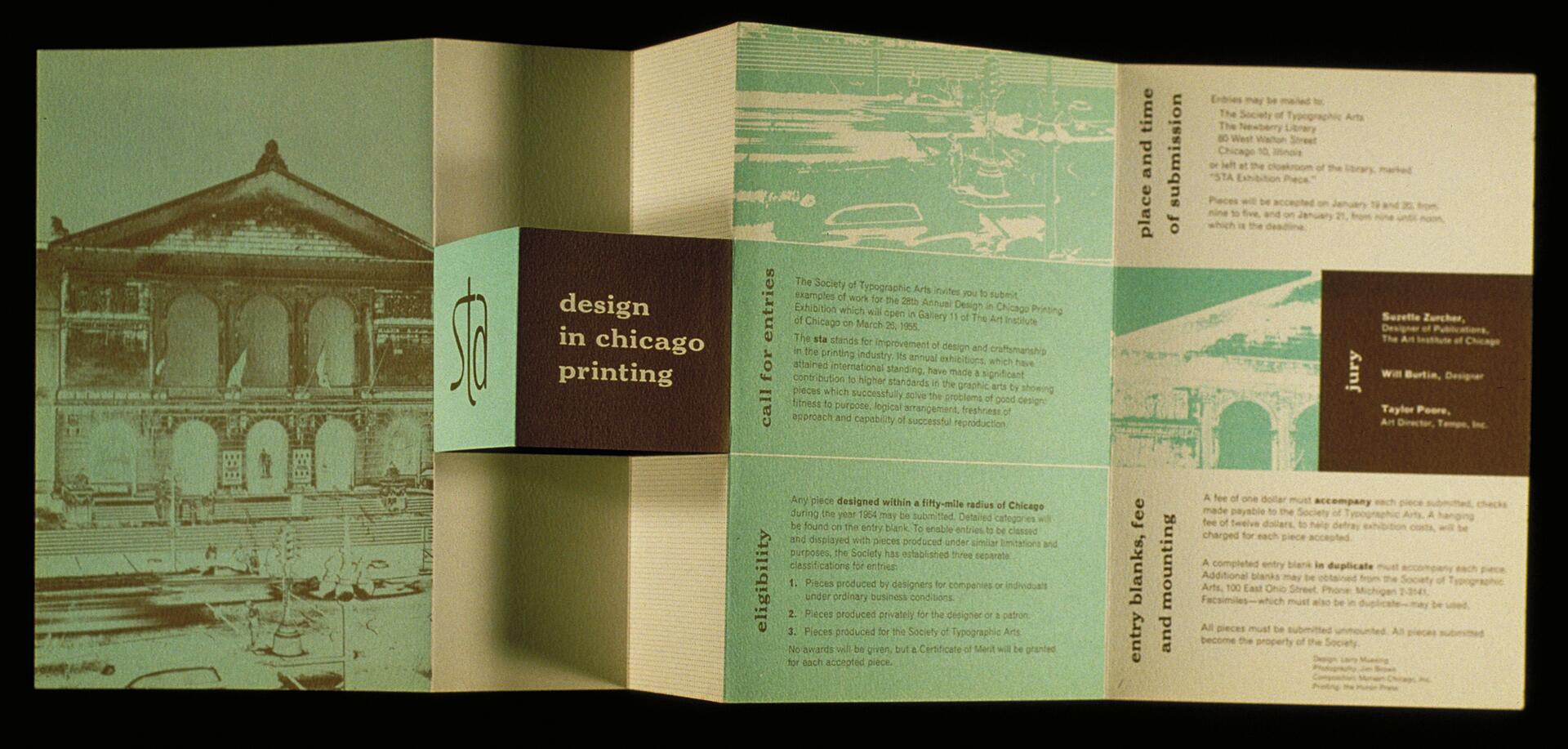 Tri-fold brochure with teal and brown sections, featuring a sepia-toned illustration of a classical building on the left. Text includes "design in chicago printing" with details about a call for entries and eligibility.