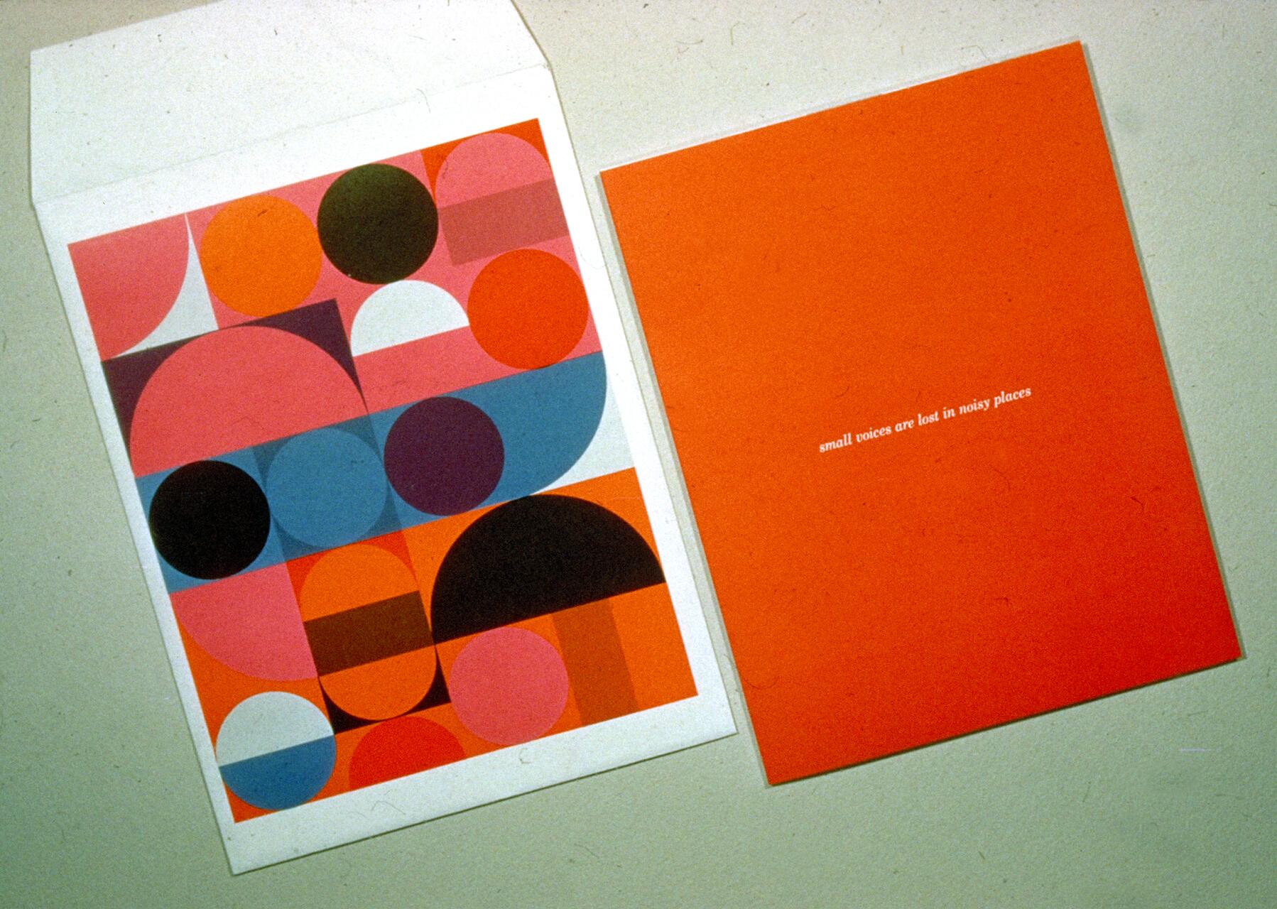 An abstract geometric postcard with colorful circles and semicircles next to an orange card with white text.