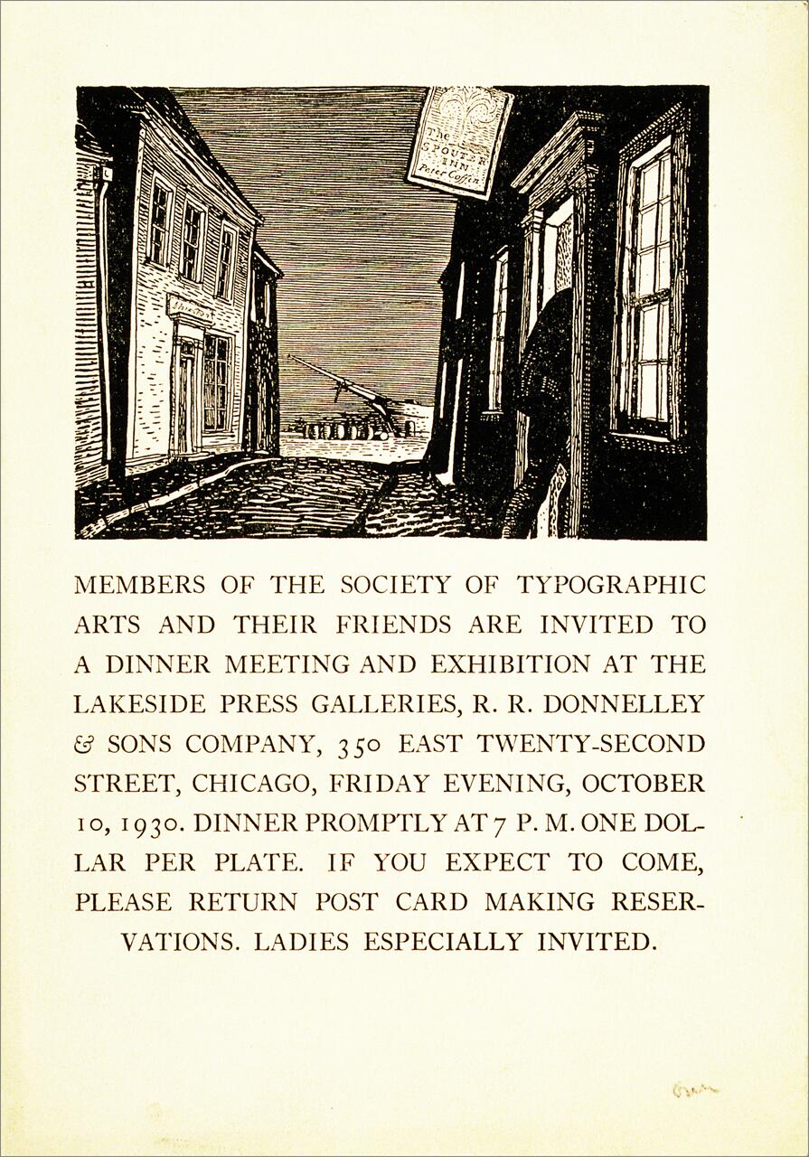 Vintage illustration of a cobblestone street flanked by buildings with a sign hanging overhead. Below, a formal invitation for a dinner meeting and exhibition at the Lakeside Press Galleries in Chicago on October 10, 1930.