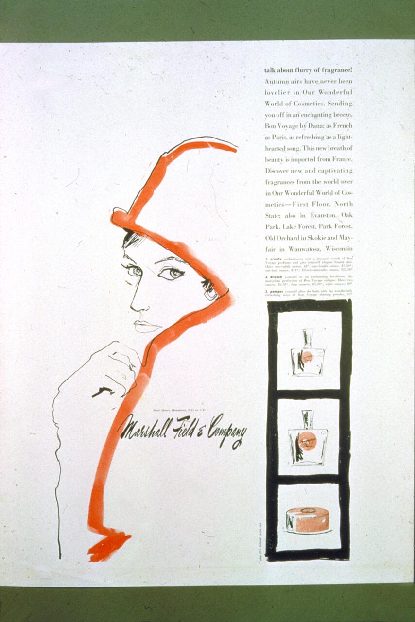 Stylized illustration of a woman wearing an orange hat and scarf, with text describing fragrances. Three small images of perfume bottles are aligned vertically on the right side. Marshall Field & Company logo is handwritten below the illustration.