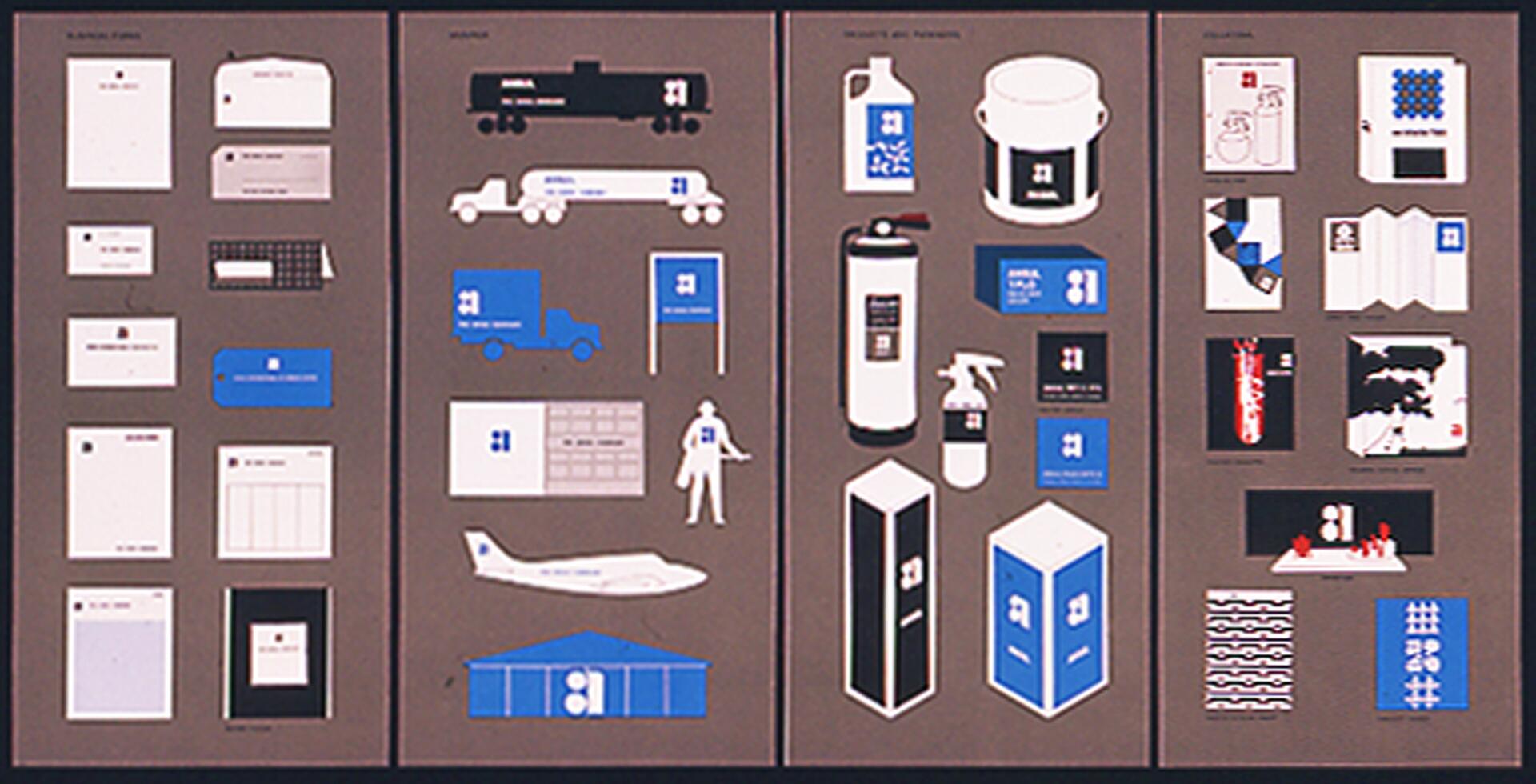 Four panels showing a design system with various objects, including stationery, vehicles, and packaging. The consistent use of blue, black, and white colors and a logo unify the items. Each panel features differently arranged graphics and illustrations.