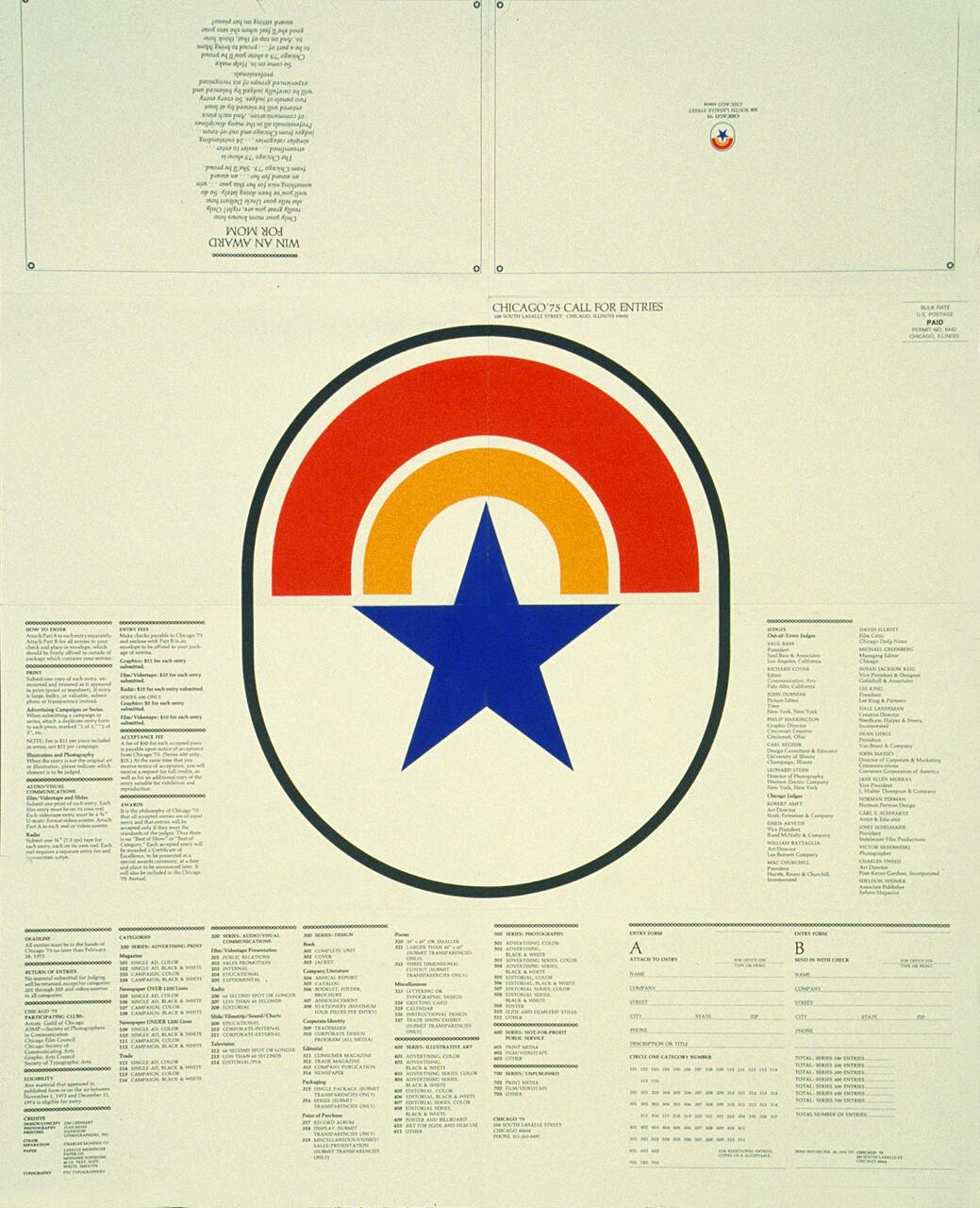 Poster featuring a logo with a blue star and red, orange, and yellow semicircular bands above. Text surrounds the logo, indicating a call for entries in a design context. The color scheme is bright with a clean layout.