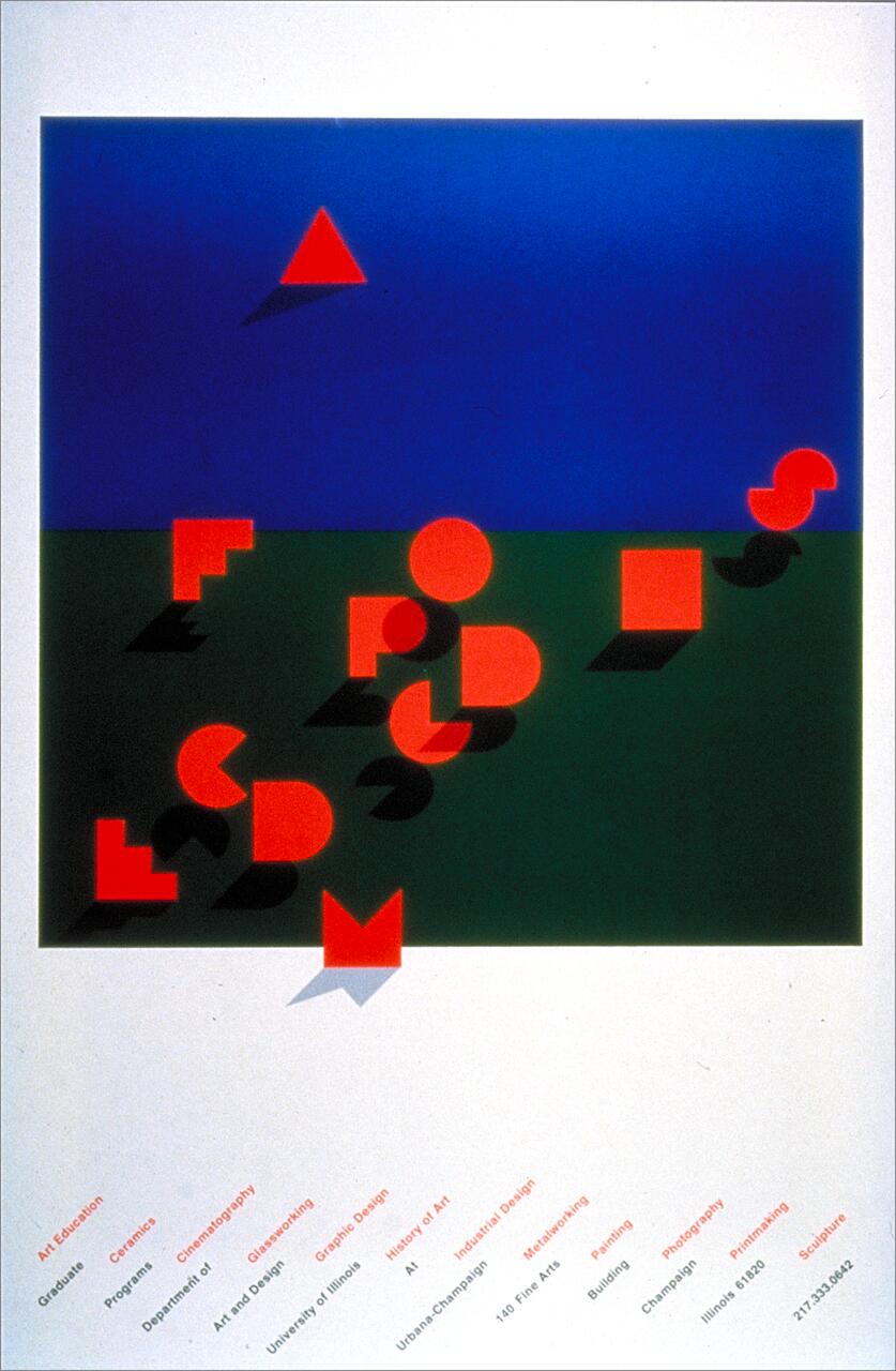 Geometric poster design with red shapes casting shadows on a blue and green background.