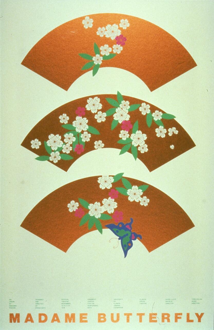 Three fans decorated with white and pink blossoms, green leaves, and a purple butterfly, set against a light background.