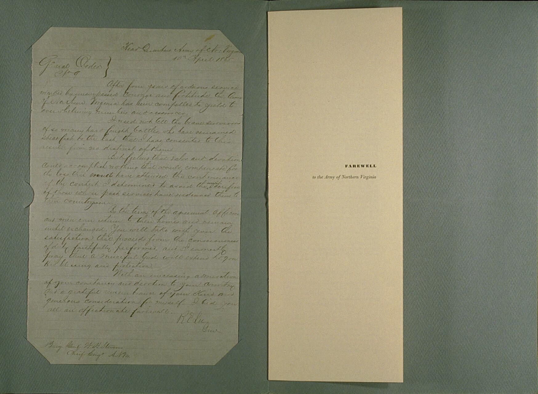 Historic handwritten letter on blue paper, next to a cream-colored page titled "Farewell to the Army of Northern Virginia."