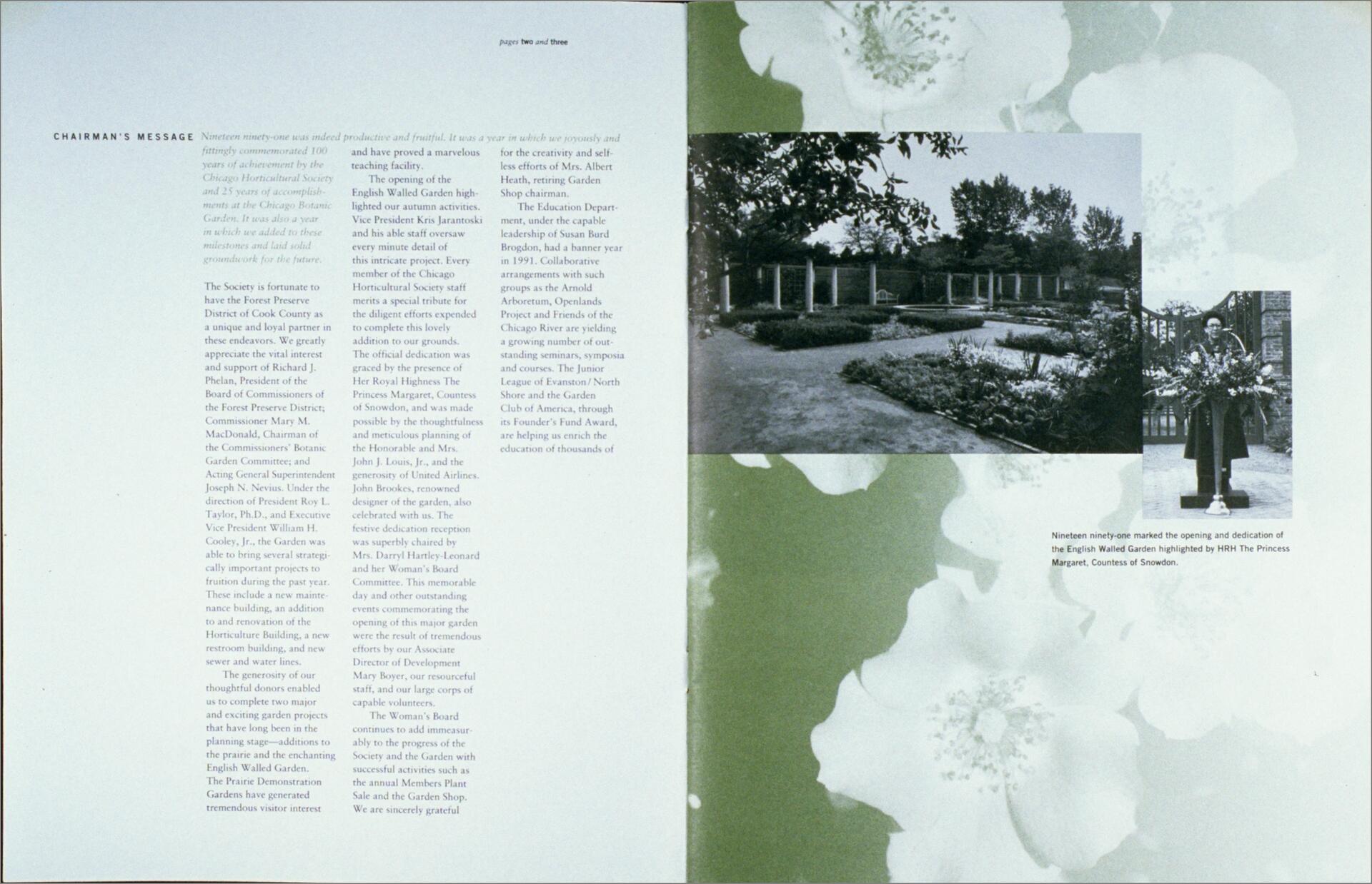 Text and black-and-white photograph of the English Walled Garden, showing a garden with neatly maintained hedges and columns. Inset photo of a woman holding flowers. Pale flower background. Text includes a message from the chairman about the year's achievements.