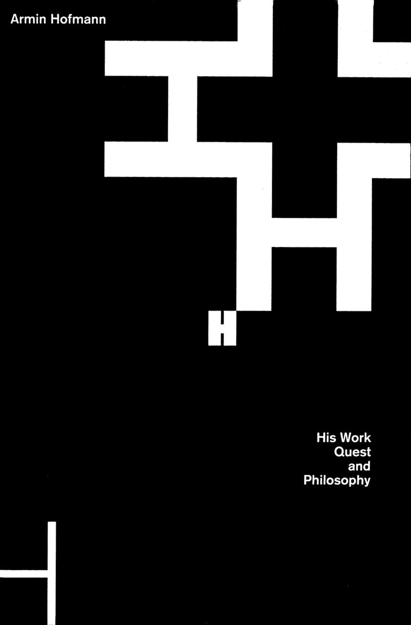 Black graphic design with bold, white geometric shapes resembling letters and lines. Text includes a name and "His Work Quest and Philosophy" in the bottom right corner.