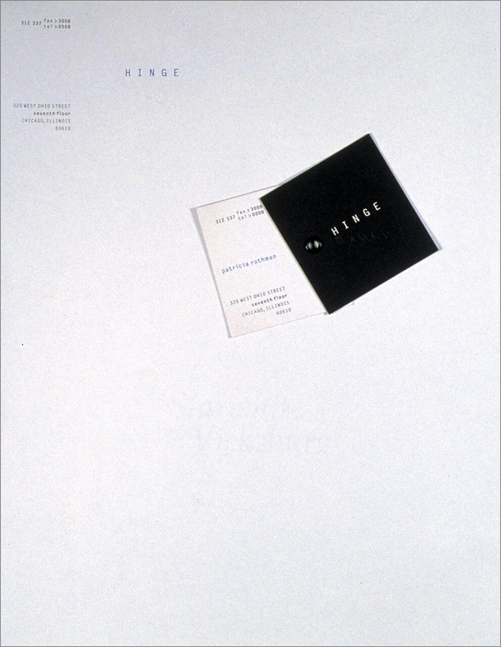 Business card and black square card with "Hinge" text, set against a plain gray background.