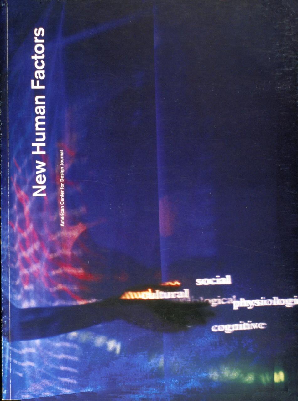 Blue and purple abstract background with scattered text including "New Human Factors" on the left.