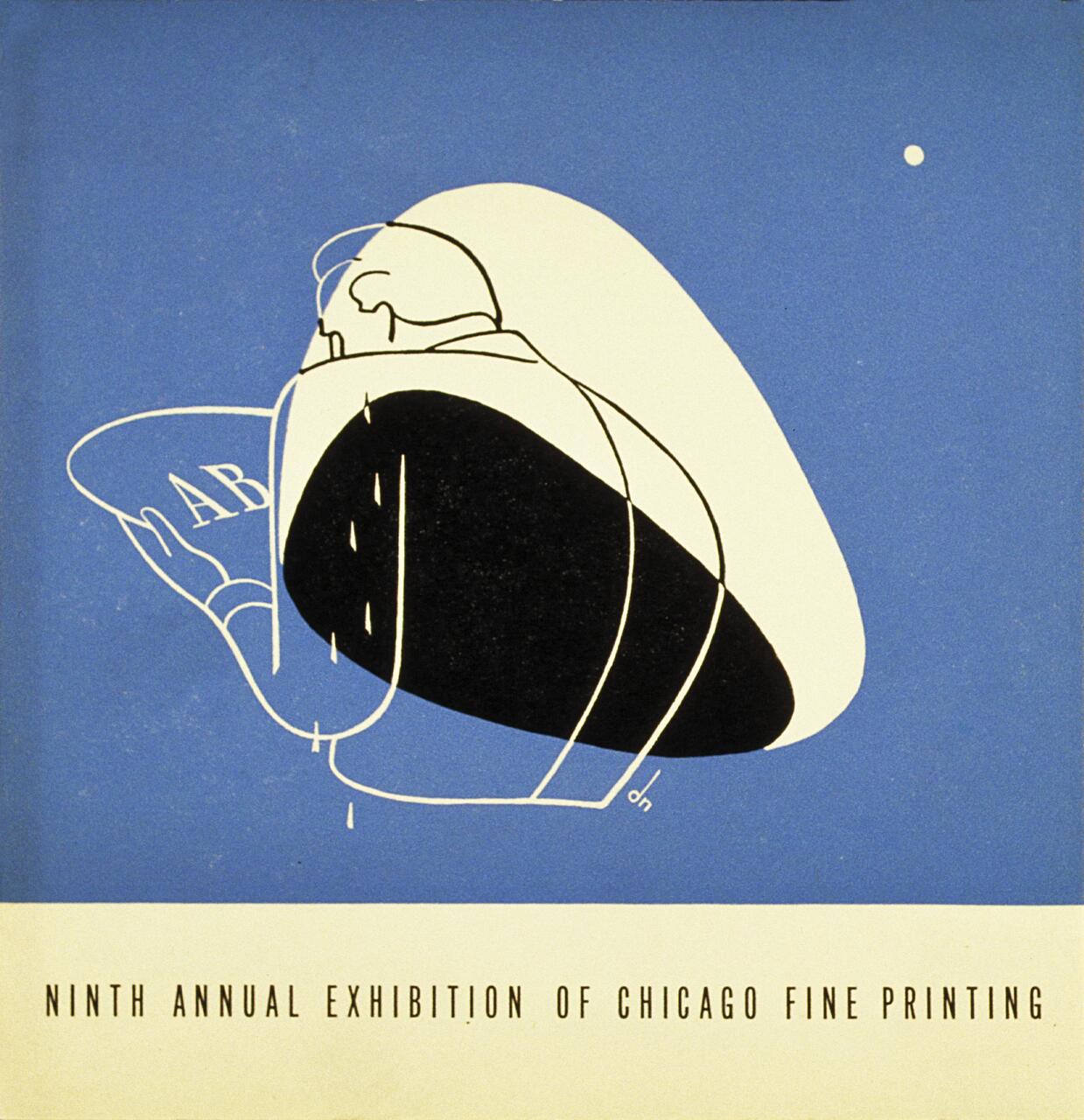 Stylized illustration of a person viewed from behind, holding a bowl with "AB" on it, set against a blue background with a small white circle resembling a moon.