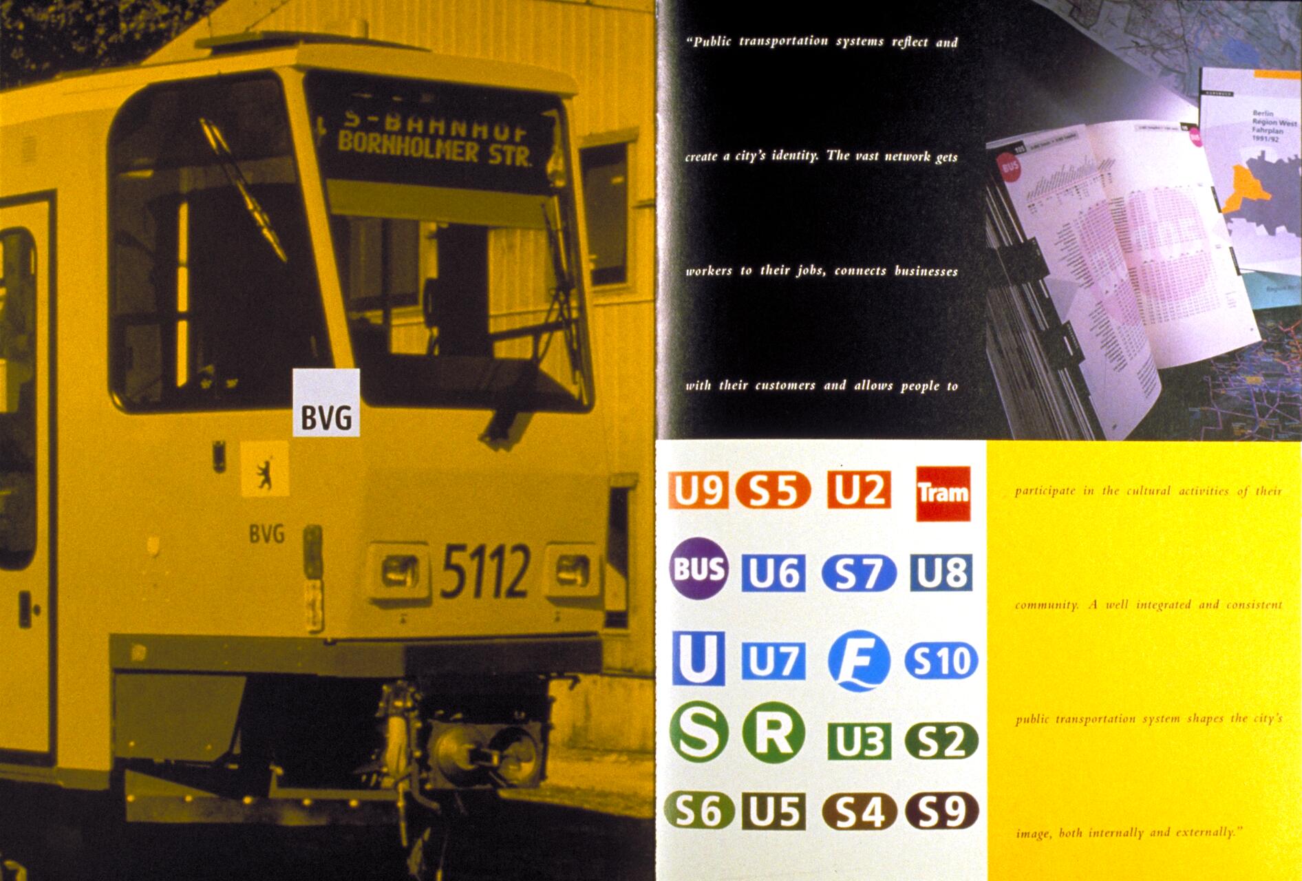 Yellow BVG tram with "Bornholmer Str." destination, numbered 5112, on the left. Right side features transportation symbols for various lines, and subway maps with text about public transportation.