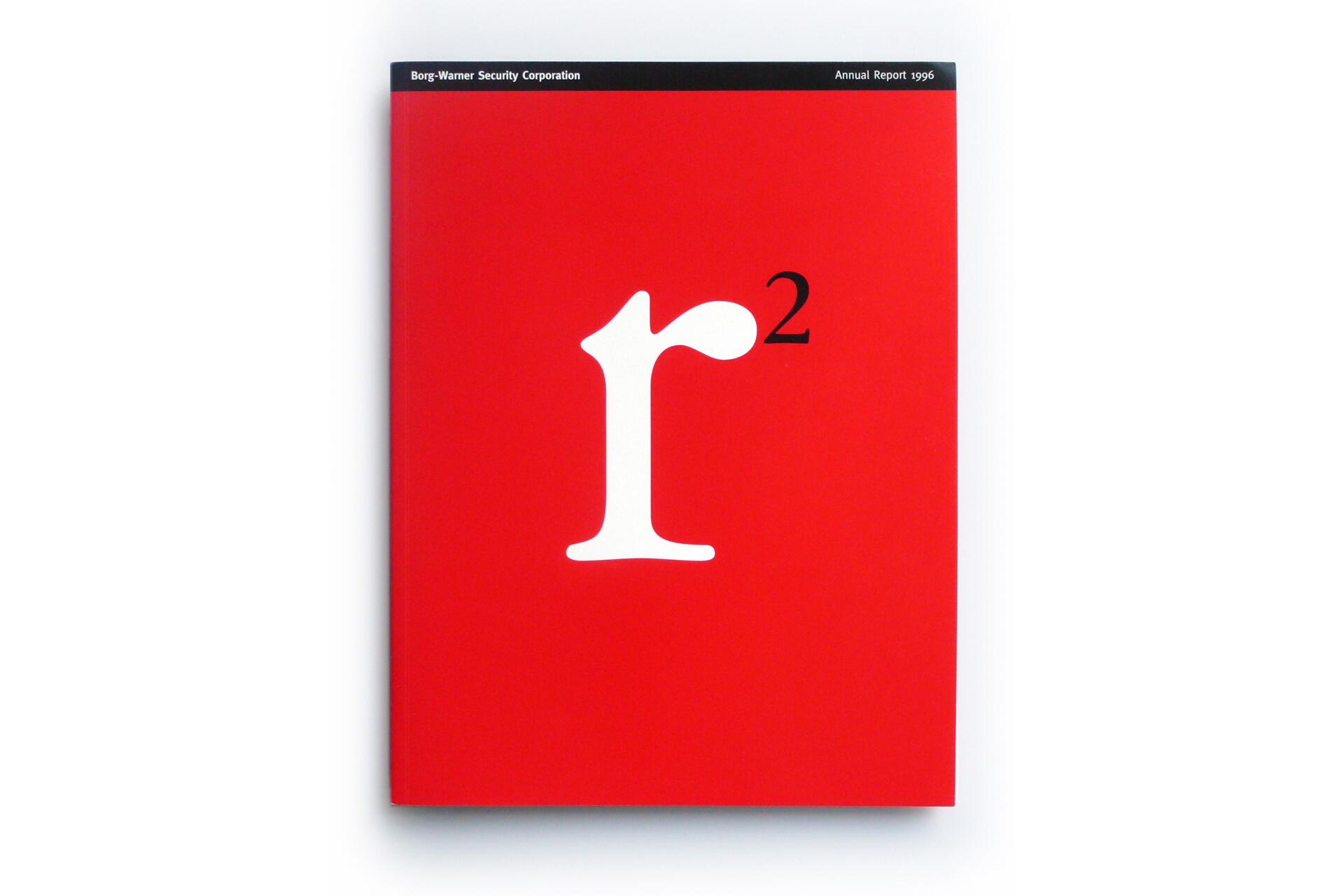 Red annual report cover with a large white "r" and a smaller black superscript "2" above it. Black bar at top reads "Borg-Warner Security Corporation Annual Report 1996".