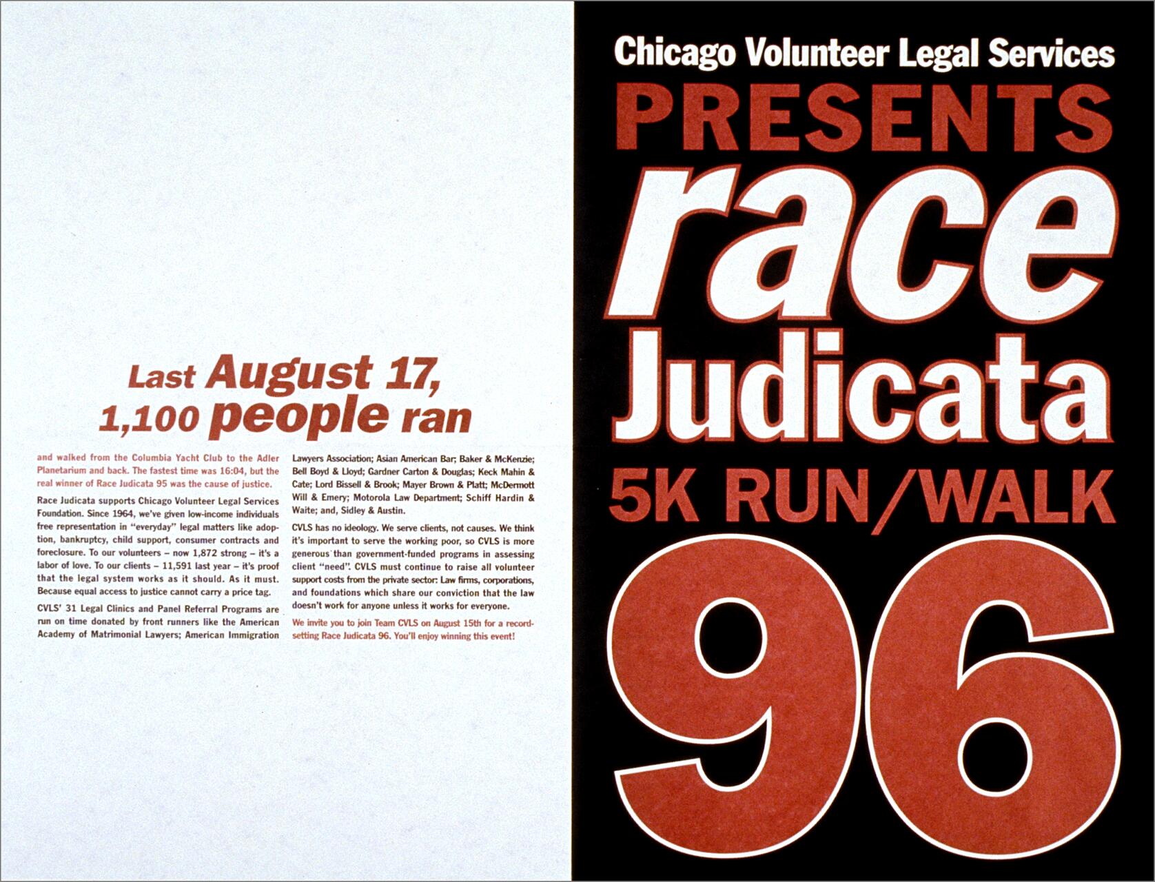 Chicago Volunteer Legal Services poster for Race Judicata, a 5K run/walk event. The left side has text about past participation and the organization's mission. Bold lettering on the right announces the race theme and year 96.