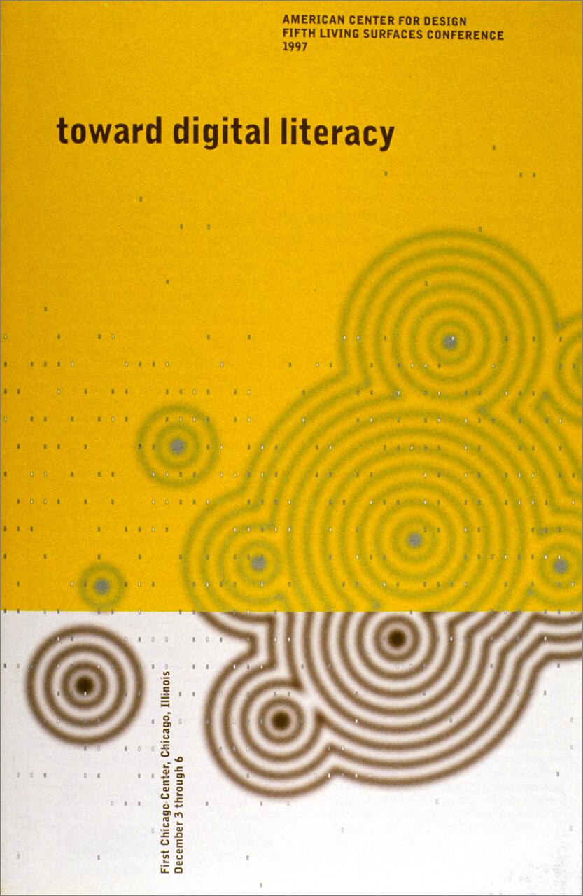 Conference poster with circular ripple patterns in shades of yellow and brown, divided by a horizontal line. Text reads "toward digital literacy" and includes event details.