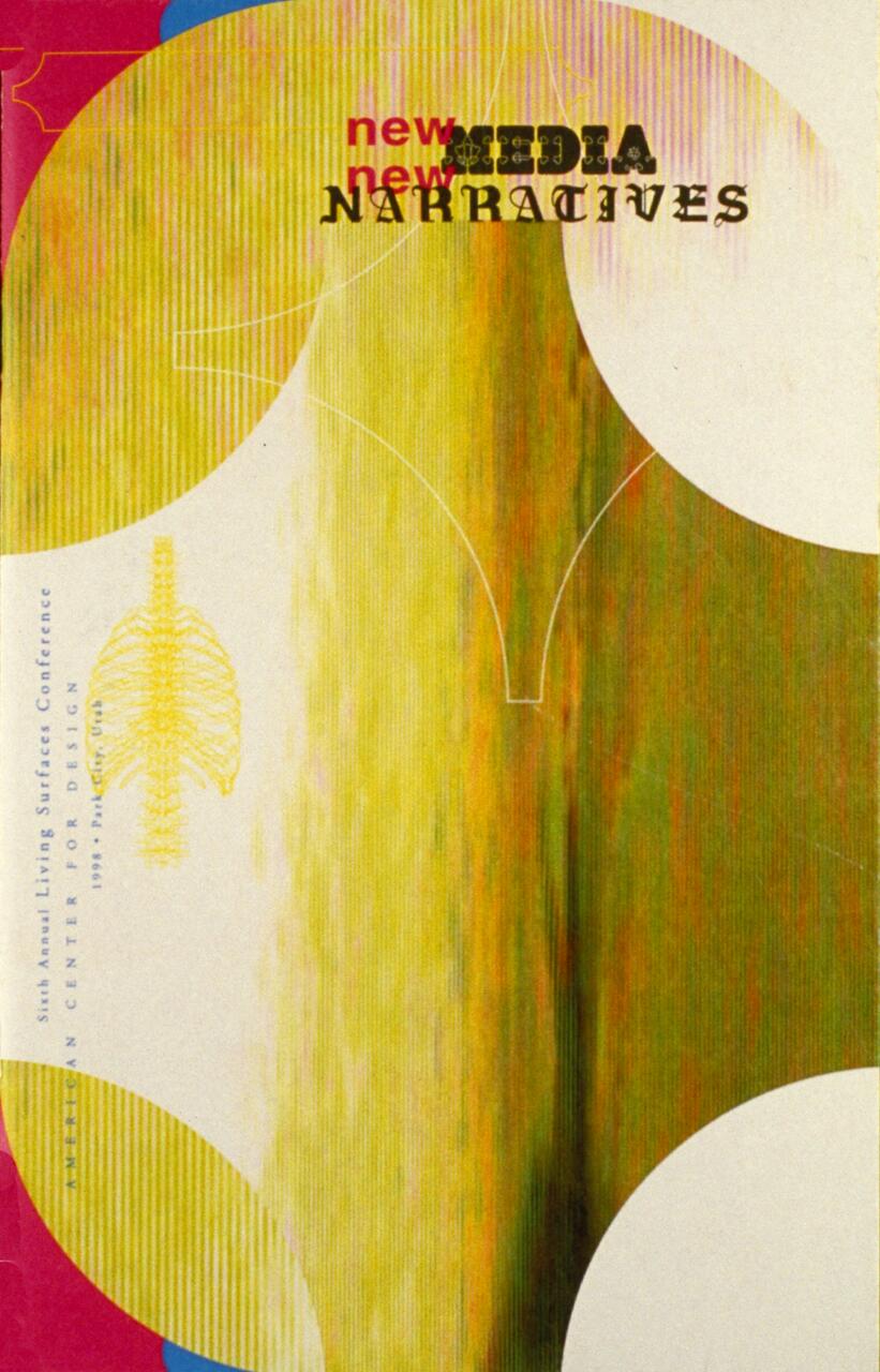 Abstract graphic with colorful vertical stripes in yellow, green, and orange, overlaid with stylized text reading "new media narratives." Circular patterns in the design, with additional colors like blue and pink appearing at the edges.