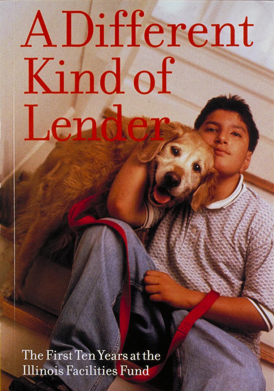 Teen boy sitting with a golden retriever, holding its red leash. The boy leans affectionately against the dog. Title text is in large red letters, with white text at the bottom about the Illinois Facilities Fund. Warm tones create a cozy atmosphere.