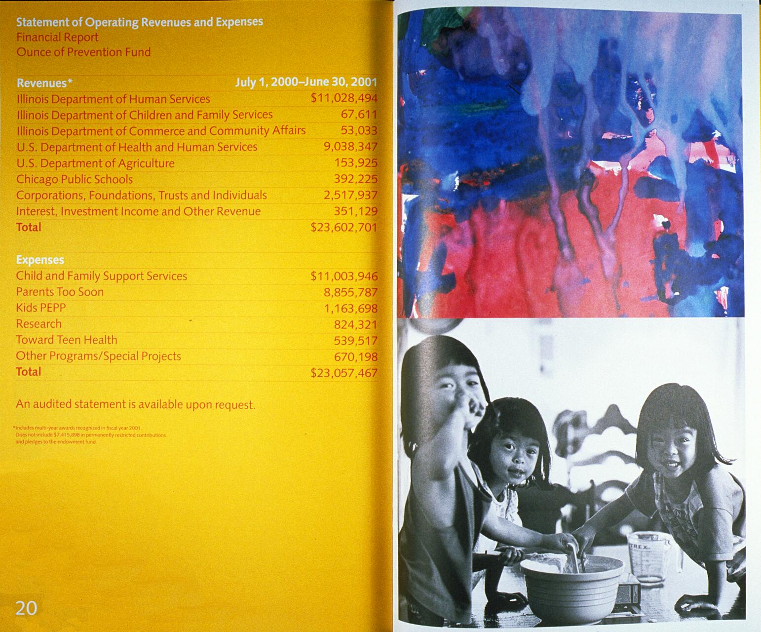 Financial report with yellow background lists revenues and expenses for July 2000 to June 2001. Adjacent are two images, one with abstract blue and red art, and below it, a black and white photo of three children around a table with a mixing bowl, smiling.