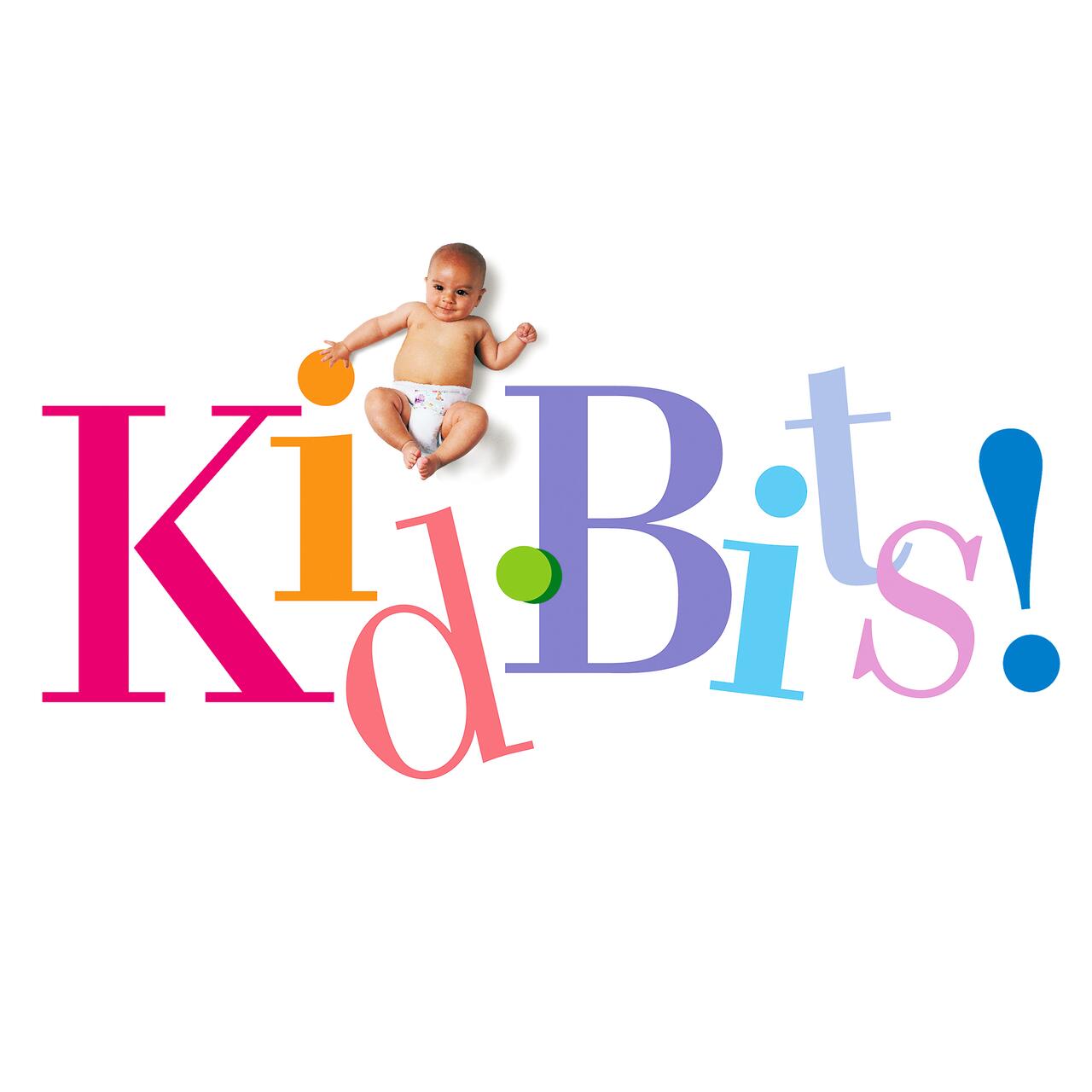 Baby sitting atop colorful, playful text spelling "Kid Bits!"
