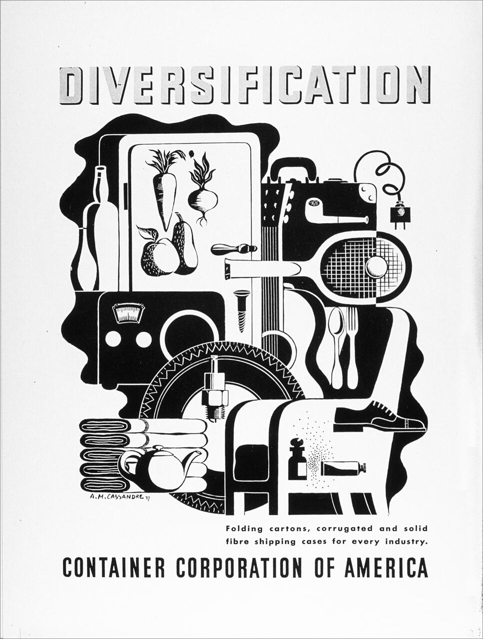 Abstract black and white illustration featuring various industrial and household items like fruits, vegetables, gears, and a teapot, accompanied by the word "DIVERSIFICATION." Includes text for the Container Corporation of America.