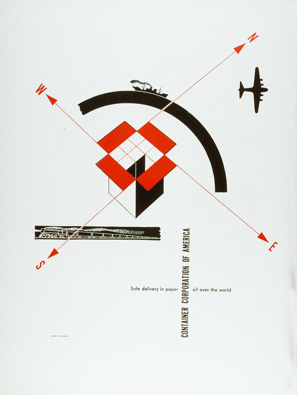 Artistic graphic featuring a compass rose with red arrows intersecting a geometric design. Black silhouettes of a train and airplane are depicted, with text reading "Container Corporation of America" and "Safe delivery in paper all over the world."