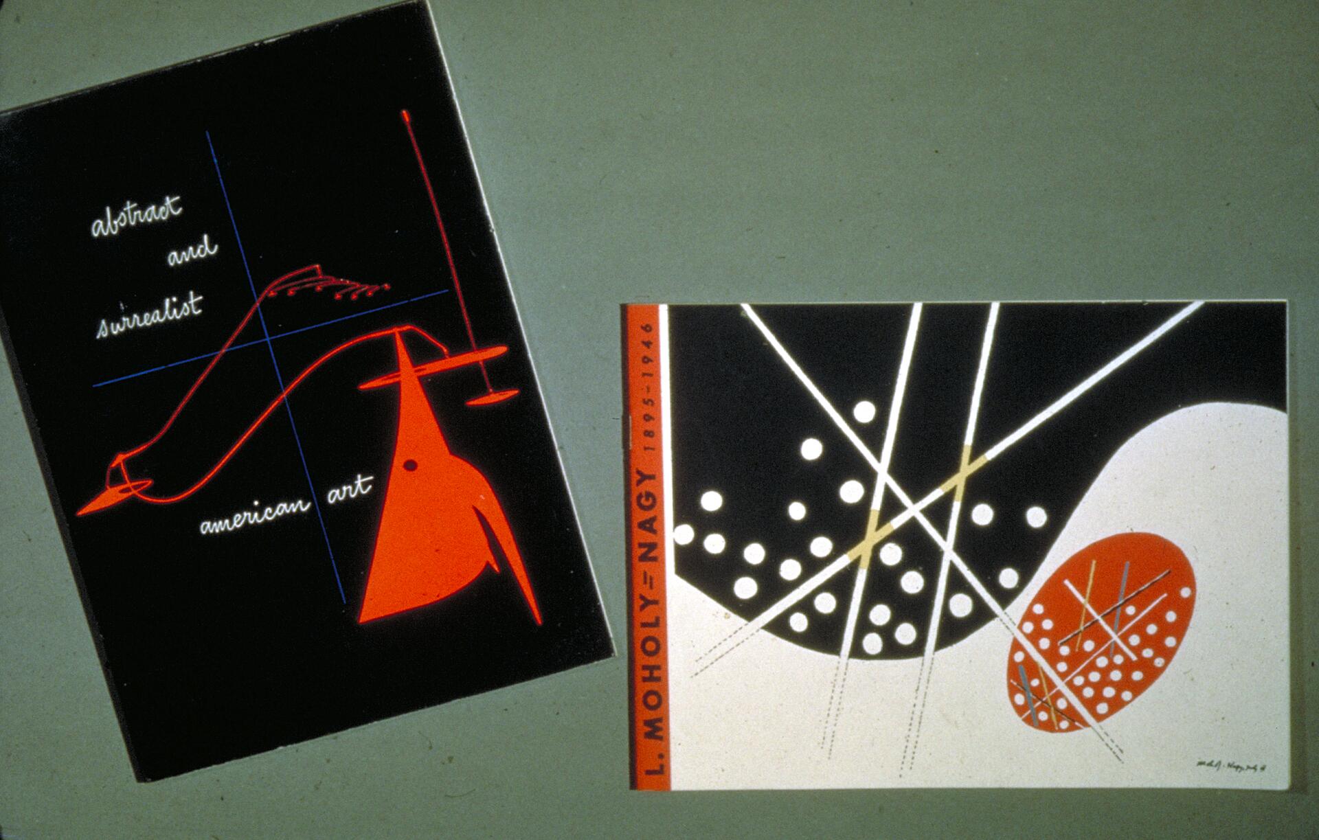 Two abstract art book covers; left features red geometric shapes with cursive text, right has a black and white design with diagonal lines and dots, accented with red.