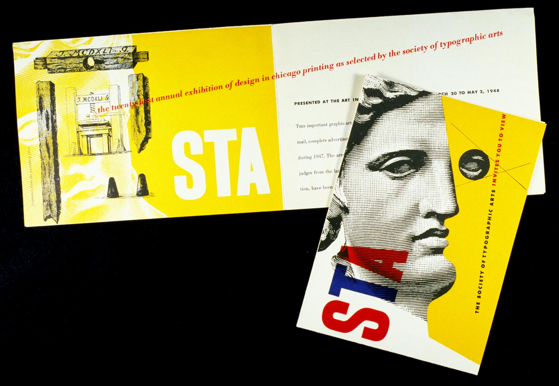 Graphic design exhibition invitation featuring a split yellow and white background with a classical statue bust. Large letters "STA" in bold colors overlay the image. Red text highlights the event theme against a yellow background.