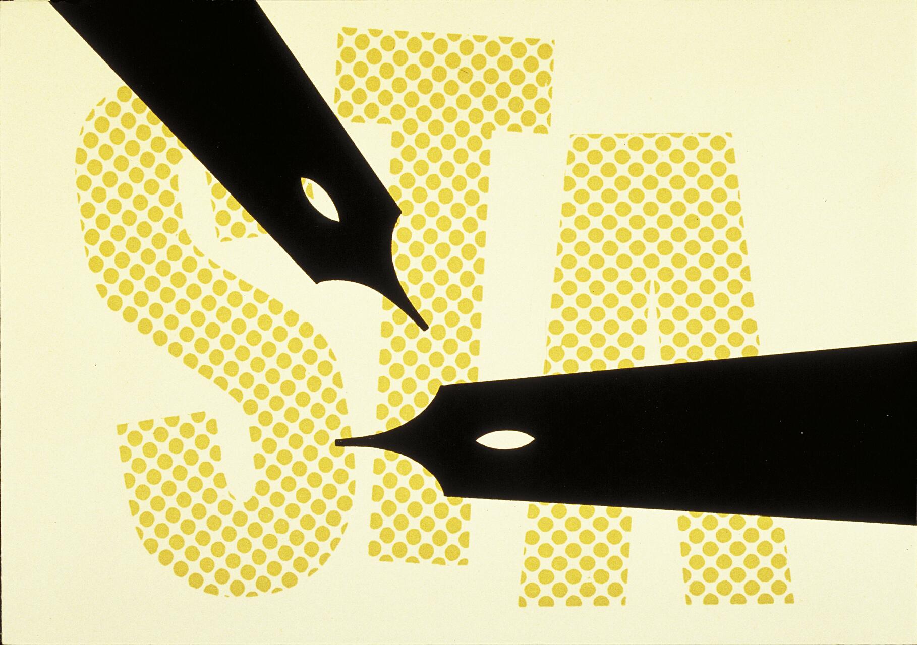 Two black fountain pen nibs point towards each other against a background of large yellow polka dots forming stylized letters.