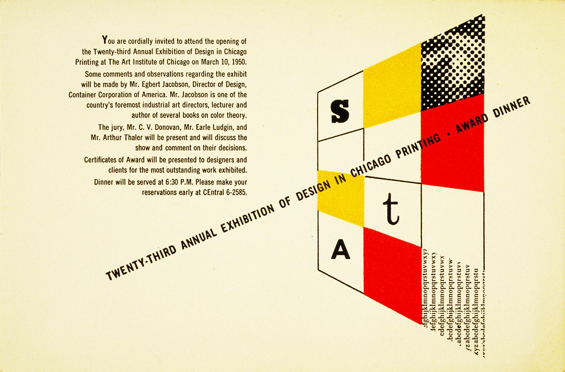Invitation for the Twenty-Third Annual Exhibition of Design in Chicago, featuring a geometric design with letters "S", "A", and "T" on a grid with yellow and red sections. The event includes an award dinner on March 10, 1950.