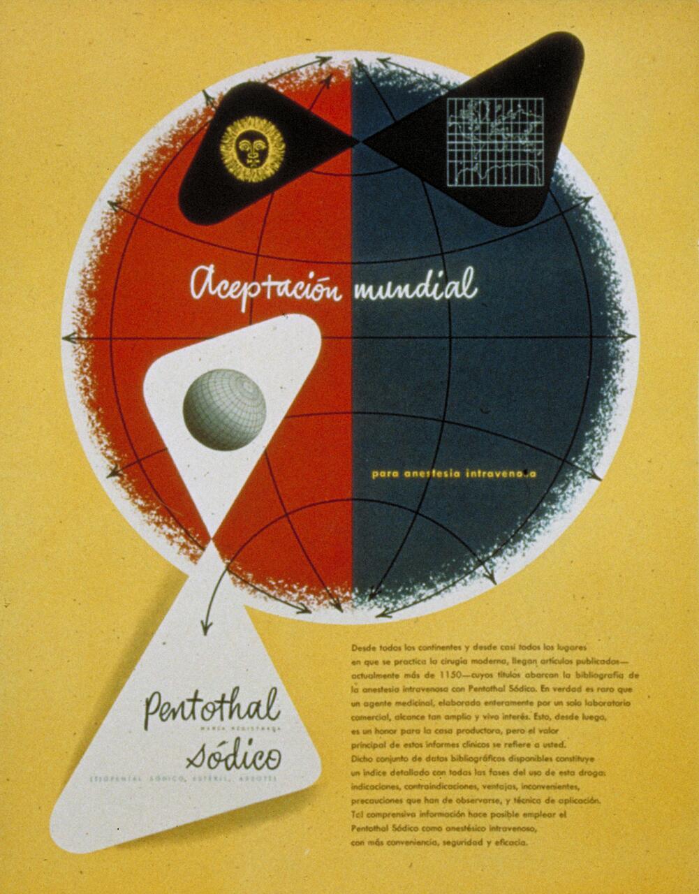 Vintage pharmaceutical advertisement featuring colorful abstract shapes, a globe, and a stylized lion and grid design. Text in Spanish emphasizes global acceptance and intravenous anesthesia. Predominantly red, blue, and yellow tones.