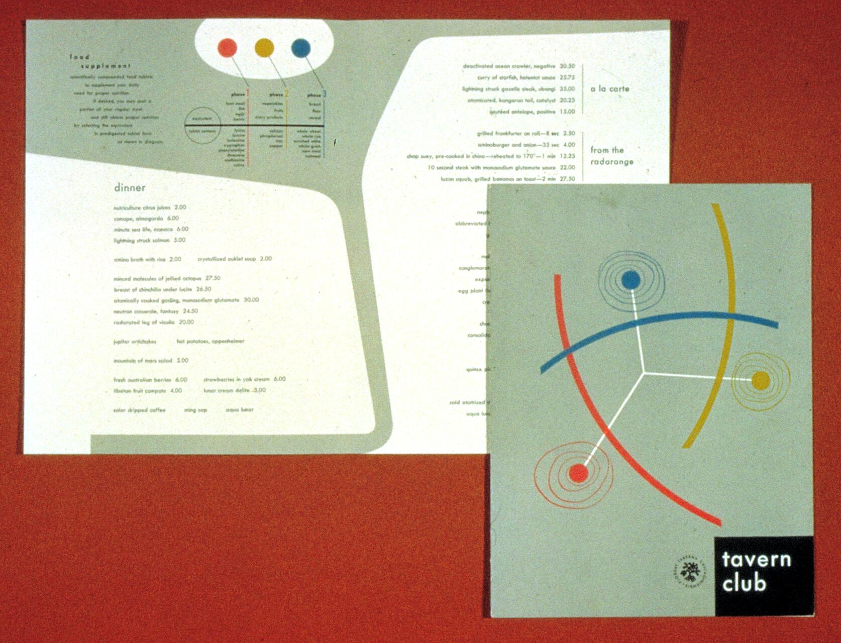 Two menus from the Tavern Club displayed against a red background, featuring a modern graphic design with colorful abstract shapes and lines.