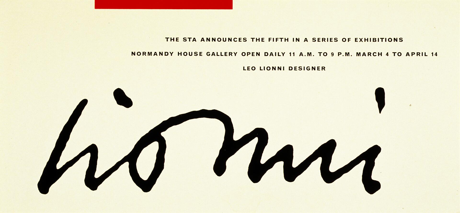 Bold black cursive text "lionni" on a cream background, with additional event information in uppercase sans-serif font at the top.