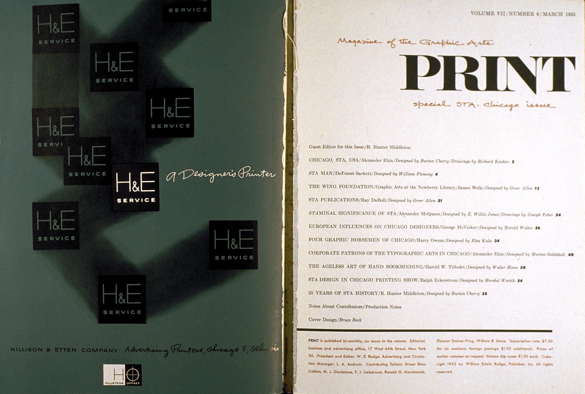 Magazine cover with the title "PRINT" on the right, detailing contents of a special Chicago issue. Left side features repeated "H&E Service" logos on a teal background with "A Designer's Printer" text.