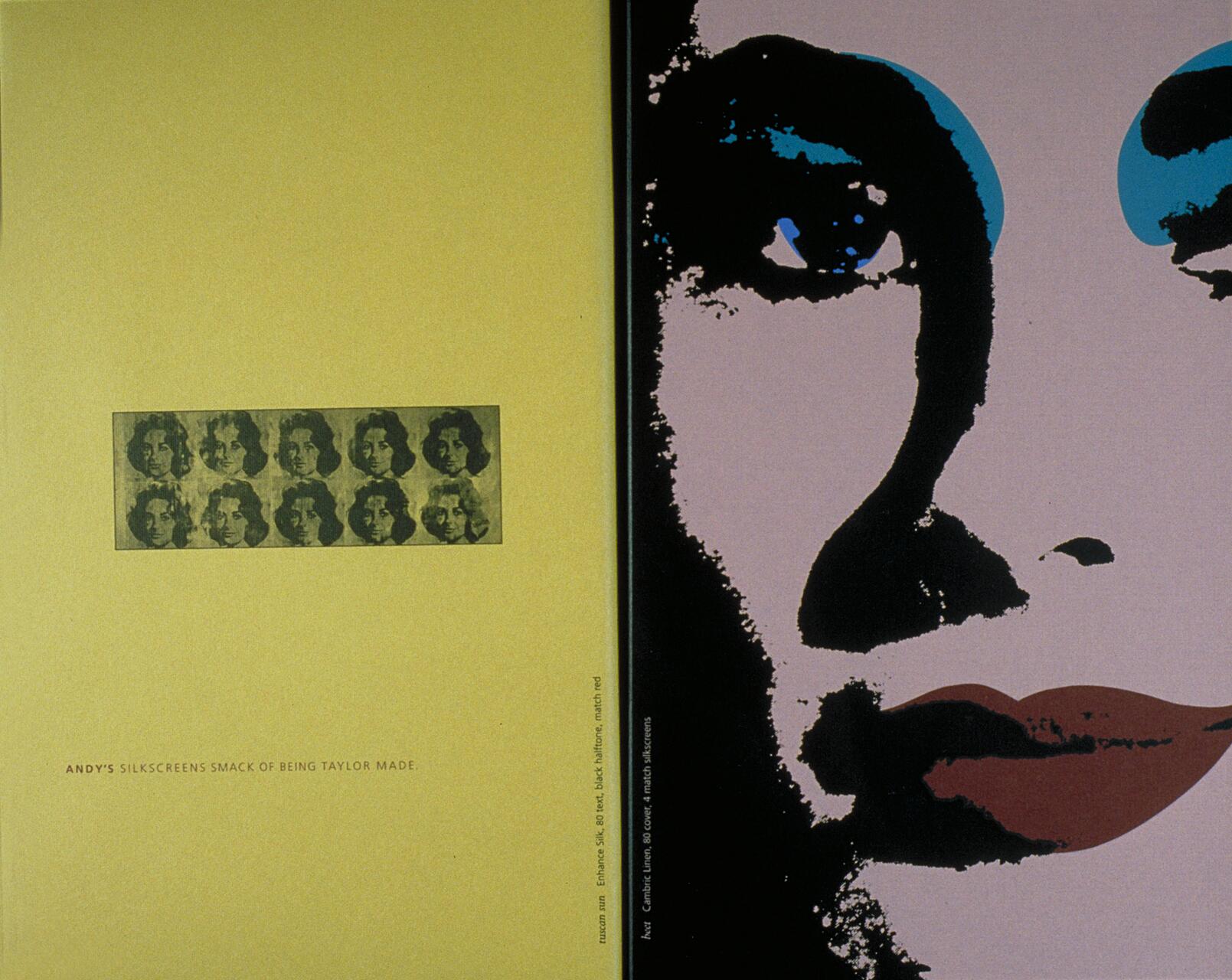 Split image with a grid of small, repeated black-and-white faces on a yellow background on the left and a close-up graphic of a face with blue eyeshadow and red lips on a pink background on the right.