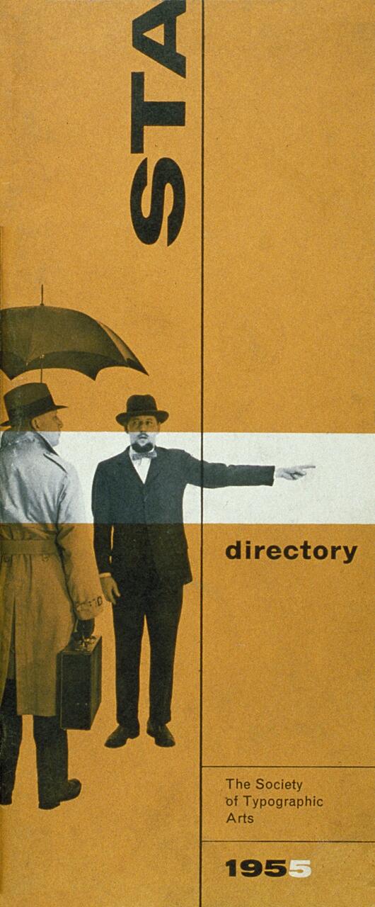Retro cover design from 1955 for The Society of Typographic Arts directory, featuring two men in suits and hats, one holding an umbrella, against a tan background with bold typography.