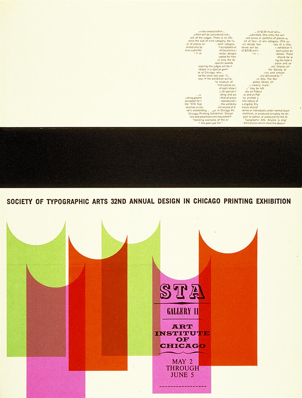 Typography-based poster for the Society of Typographic Arts 32nd Annual Design in Chicago Printing Exhibition, featuring a large number "32" in text, colorful abstract shapes, and event details at the Art Institute of Chicago.