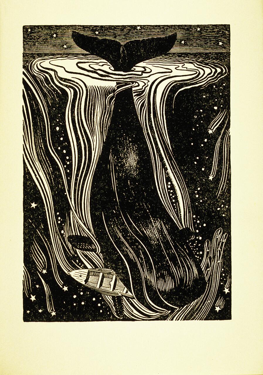 Stylized black and white illustration of a whale's tail above water with swirling patterns beneath, a small boat on the left, and stars scattered in the background.