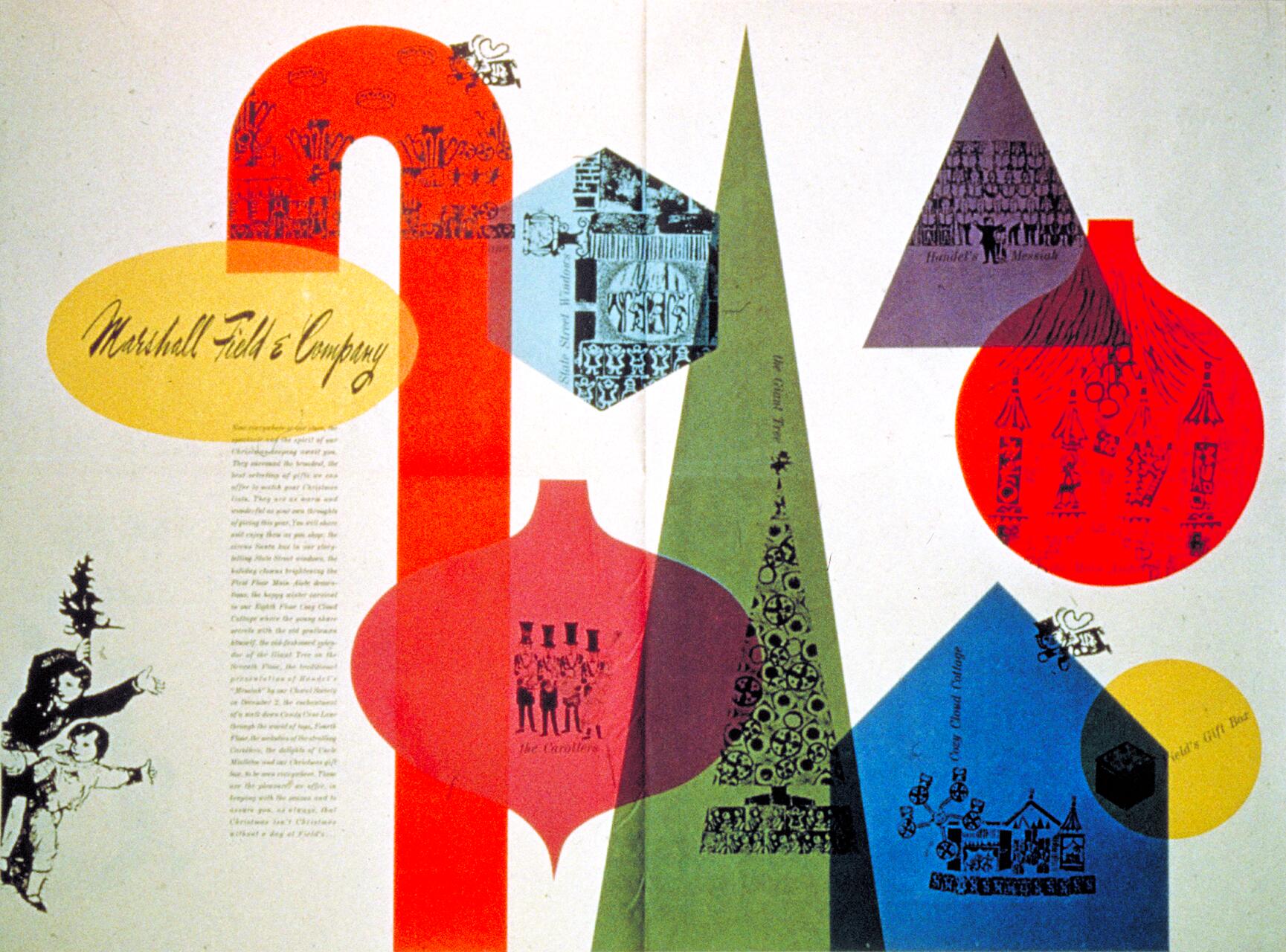 Colorful abstract design featuring geometric shapes, including circles and triangles, with intricate patterns and text. Predominantly red, green, and blue hues, it includes the phrase "Marshall Field & Company" in an oval shape.